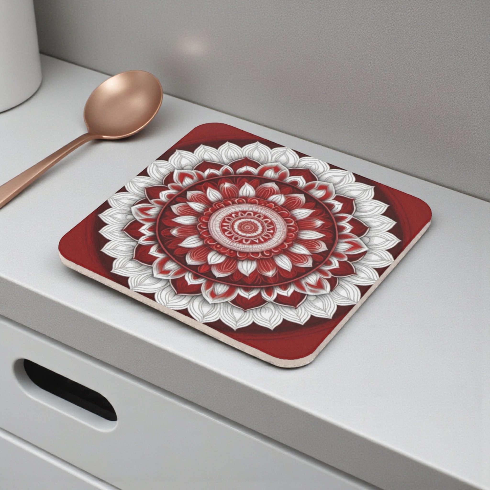 Radiant Red Mandala  Cork Back Coaster