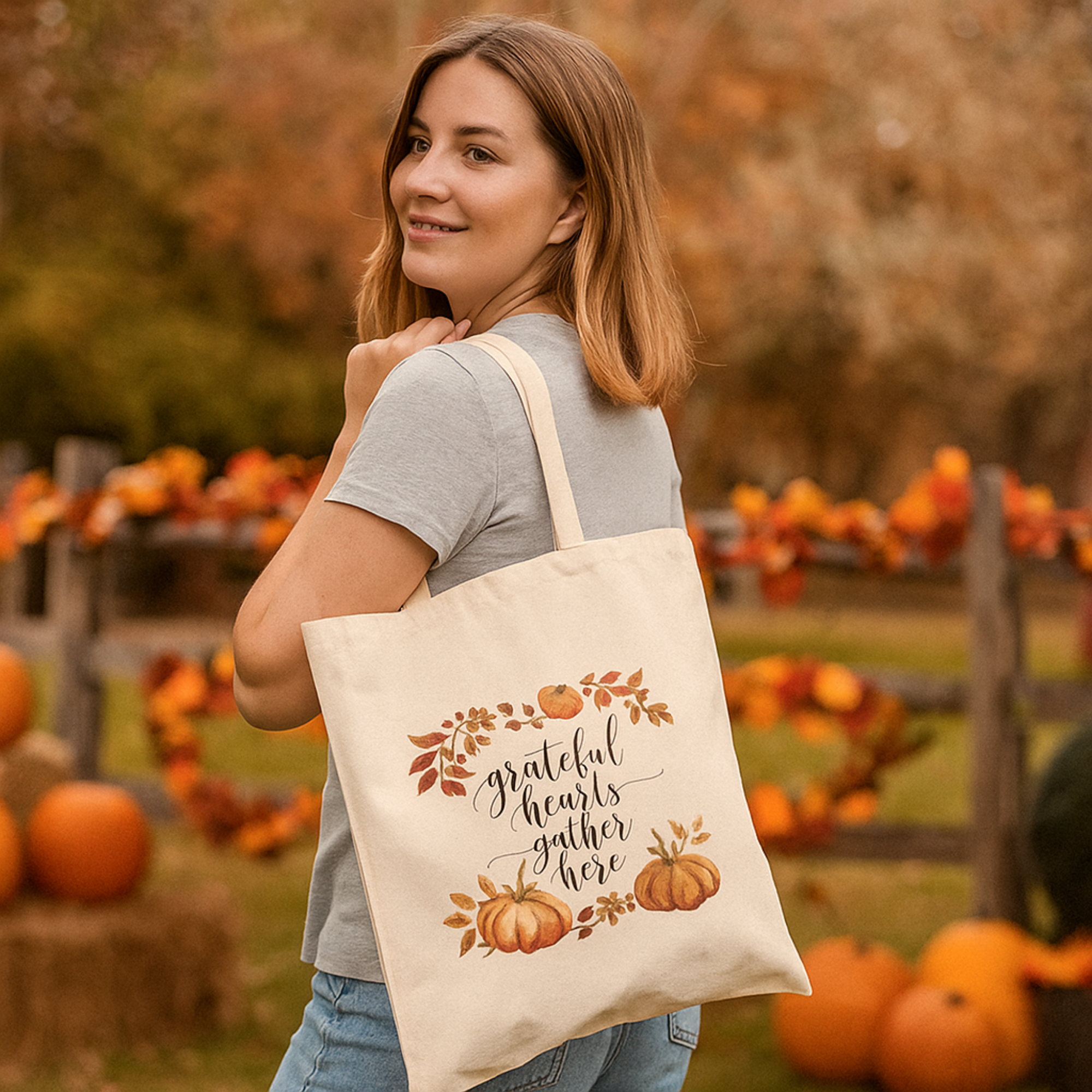 Grateful Hearts Gather Here Fall Pumpkin Tote Bag | Autumn Thanksgiving Canvas Bag | Reusable Market Tote | Cozy Seasonal Gift for Her product thumbnail image Grateful Hearts Gather Here Fall Pumpkin Tote Bag | Autumn Thanksgiving Canvas Bag | Reusable Market Tote | Cozy Seasonal Gift for Her product thumbnail image