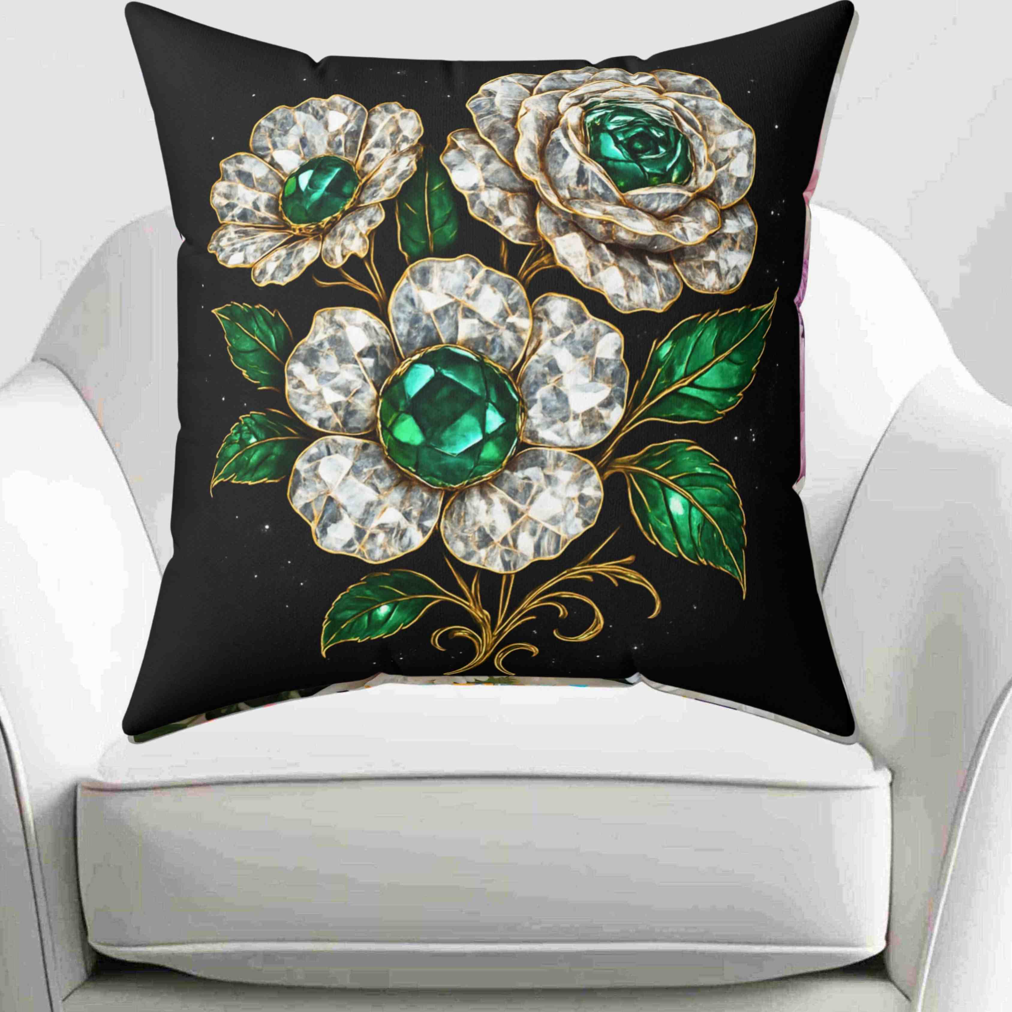 Vintage Emerald and Diamond Jewel Flower Pillow | Decorative Square Pillow product thumbnail image