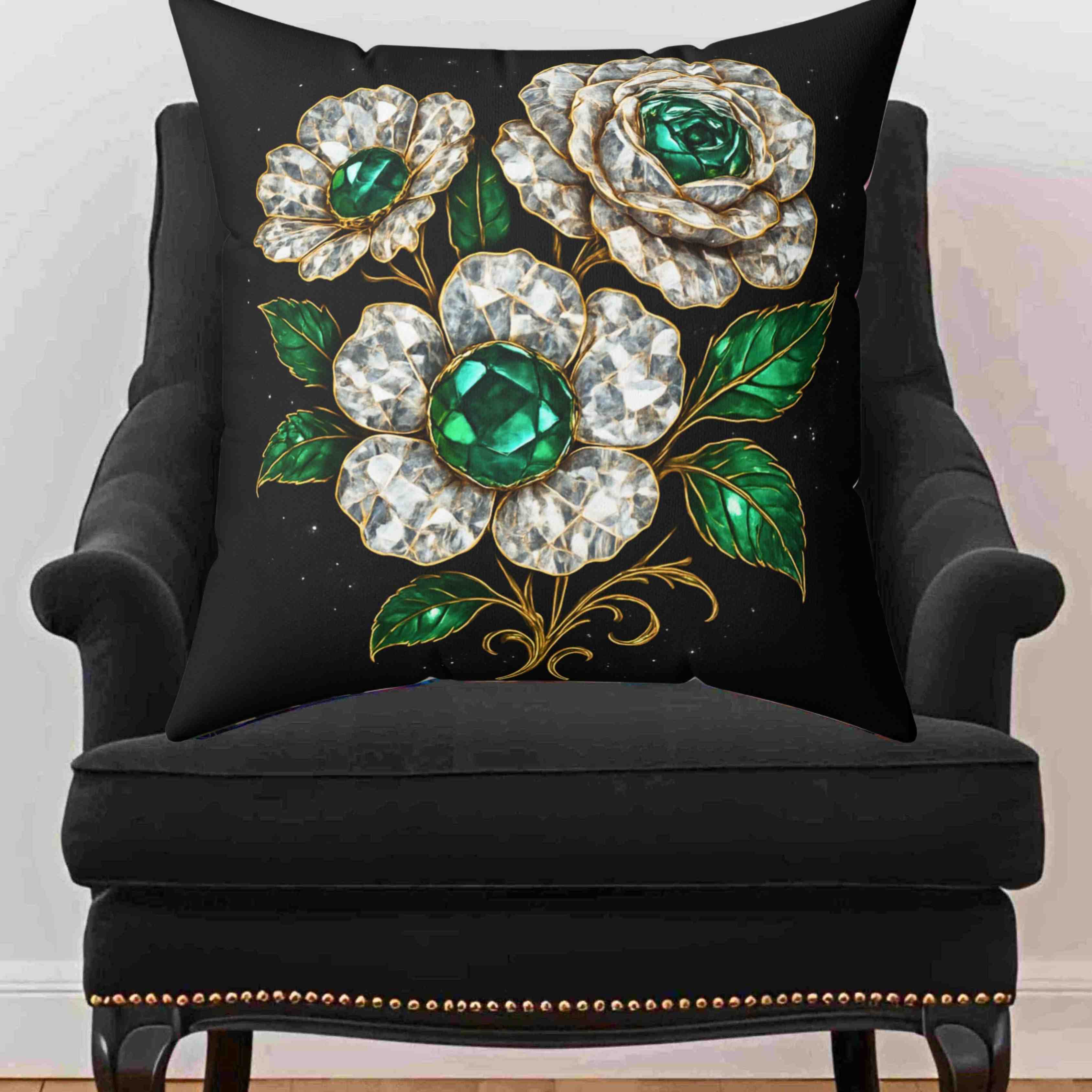 Vintage Emerald and Diamond Jewel Flower Pillow | Decorative Square Pillow product thumbnail image
