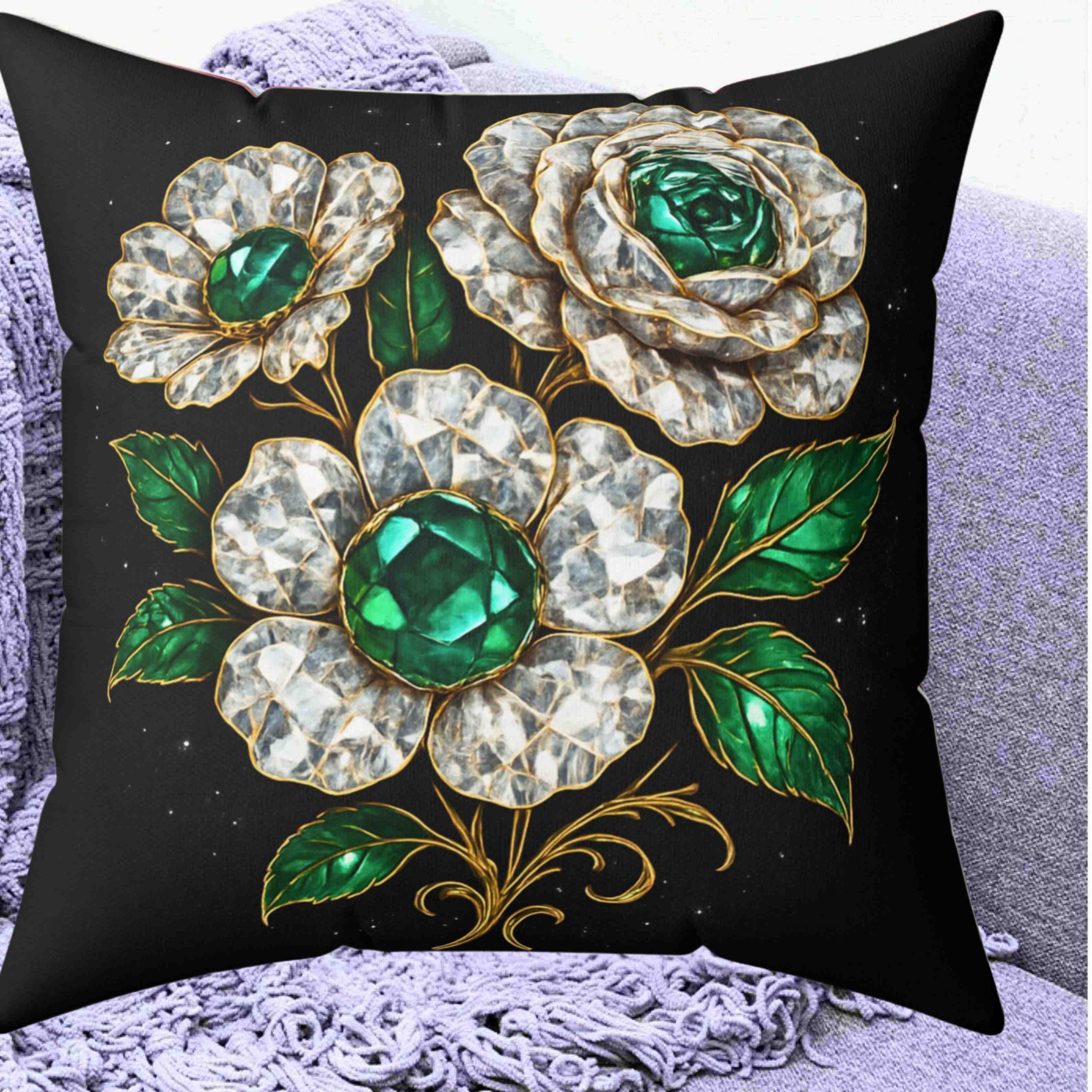 Vintage Emerald and Diamond Jewel Flower Pillow | Decorative Square Pillow product thumbnail image