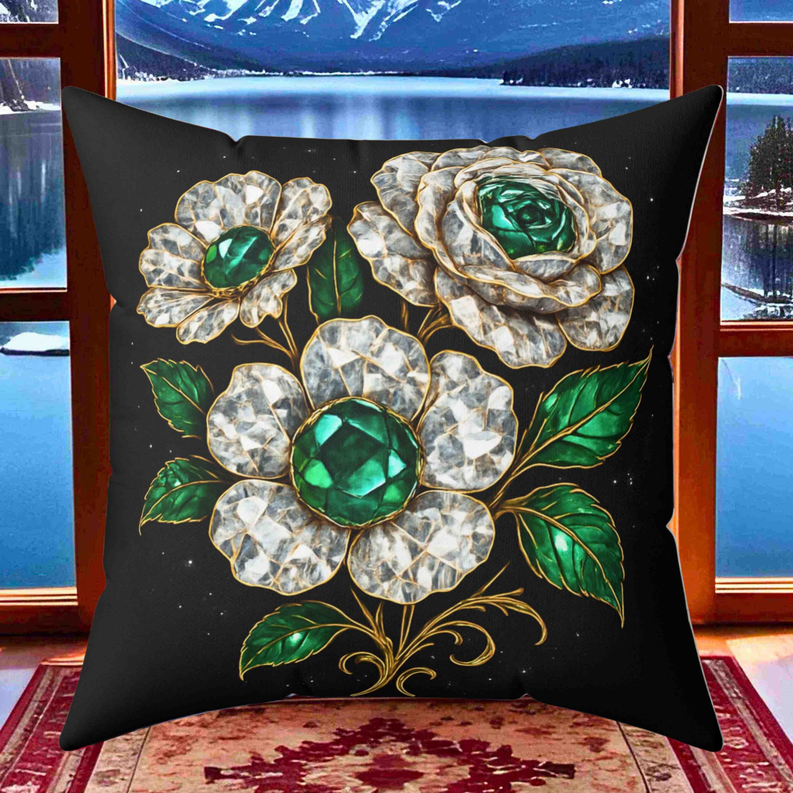 Vintage Emerald and Diamond Jewel Flower Pillow | Decorative Square Pillow product thumbnail image