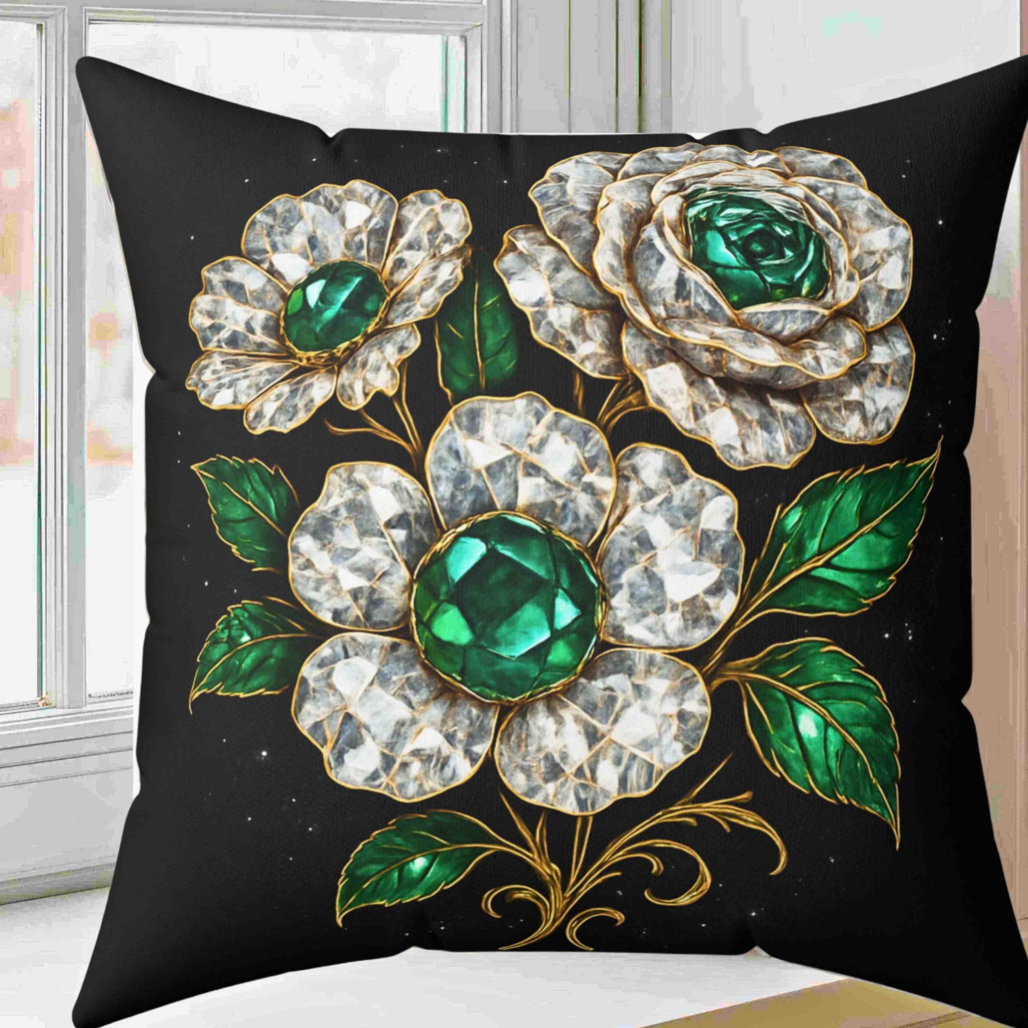 Vintage Emerald and Diamond Jewel Flower Pillow | Decorative Square Pillow product thumbnail image