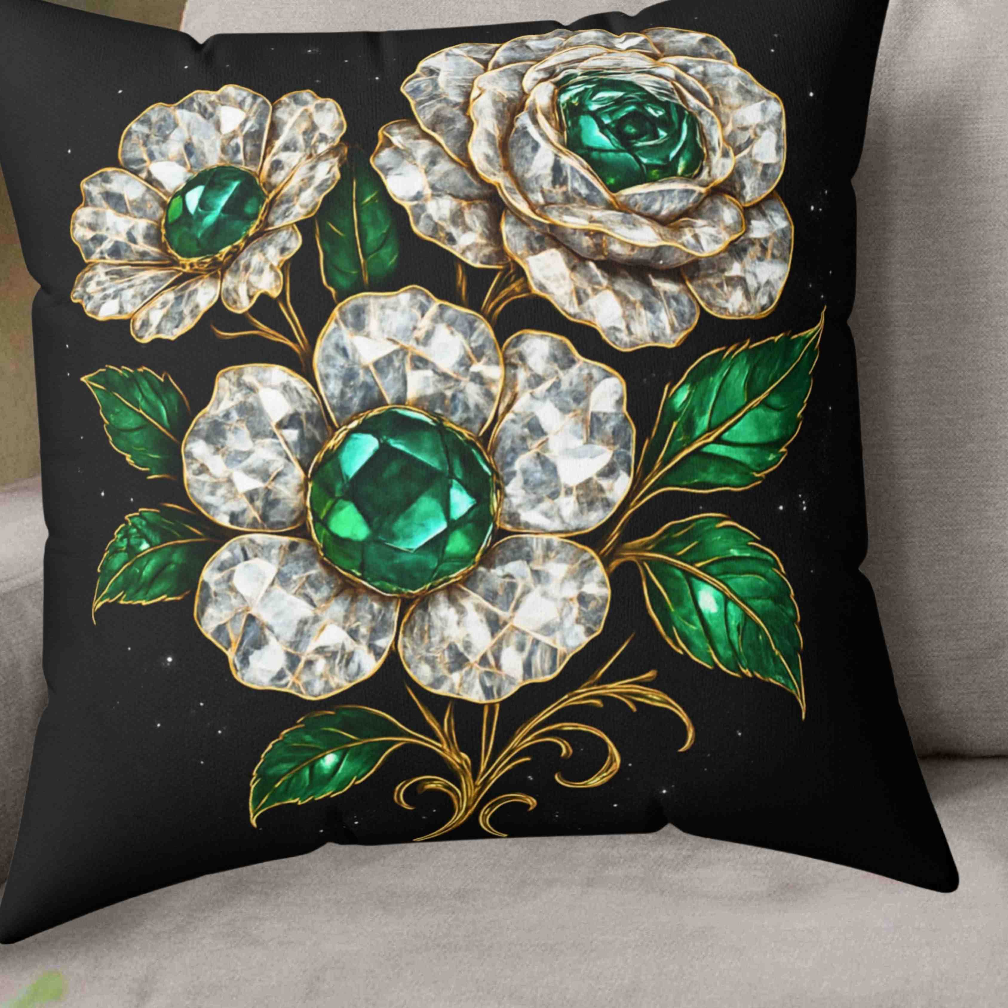 Vintage Emerald and Diamond Jewel Flower Pillow | Decorative Square Pillow