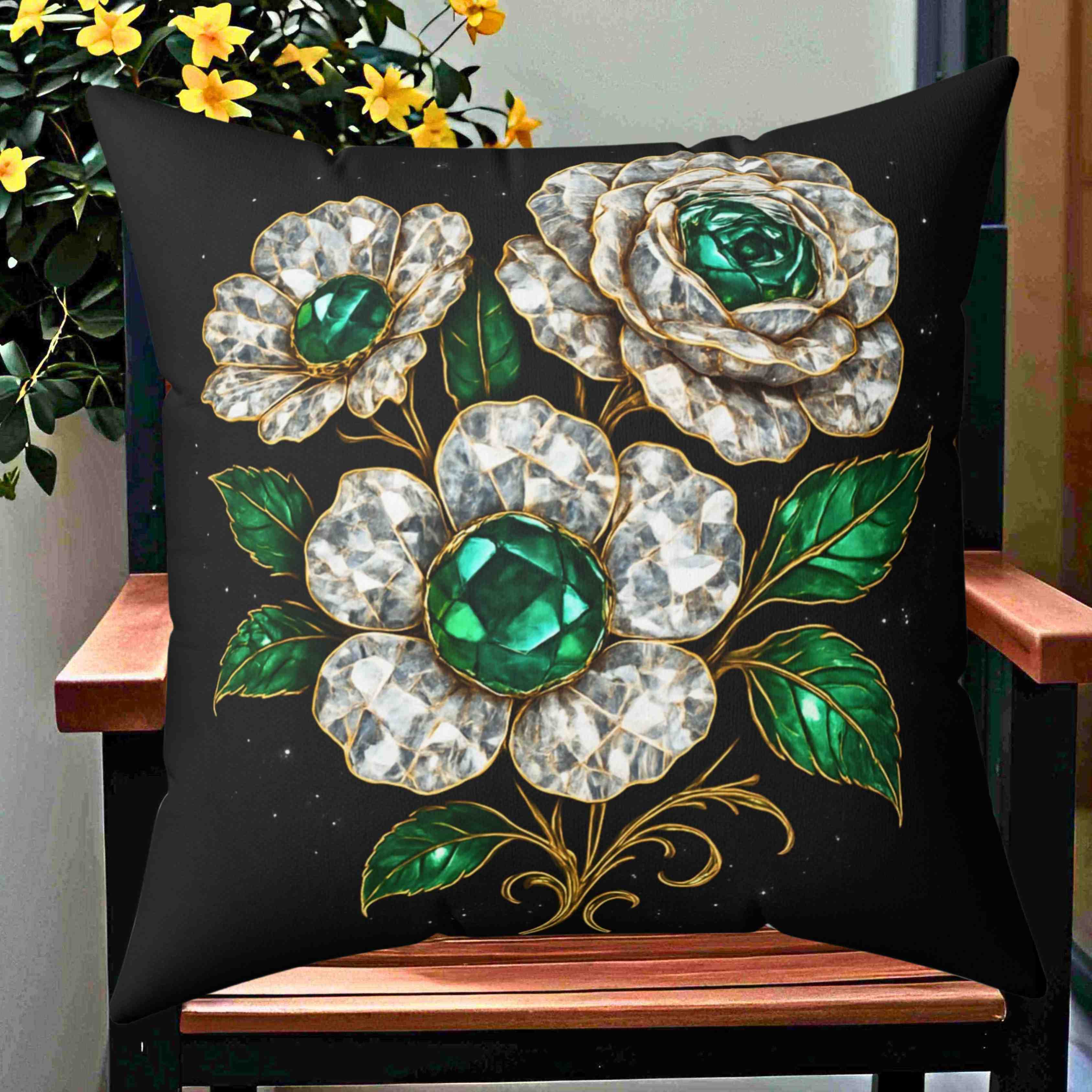 Vintage Emerald and Diamond Jewel Flower Pillow | Decorative Square Pillow product thumbnail image
