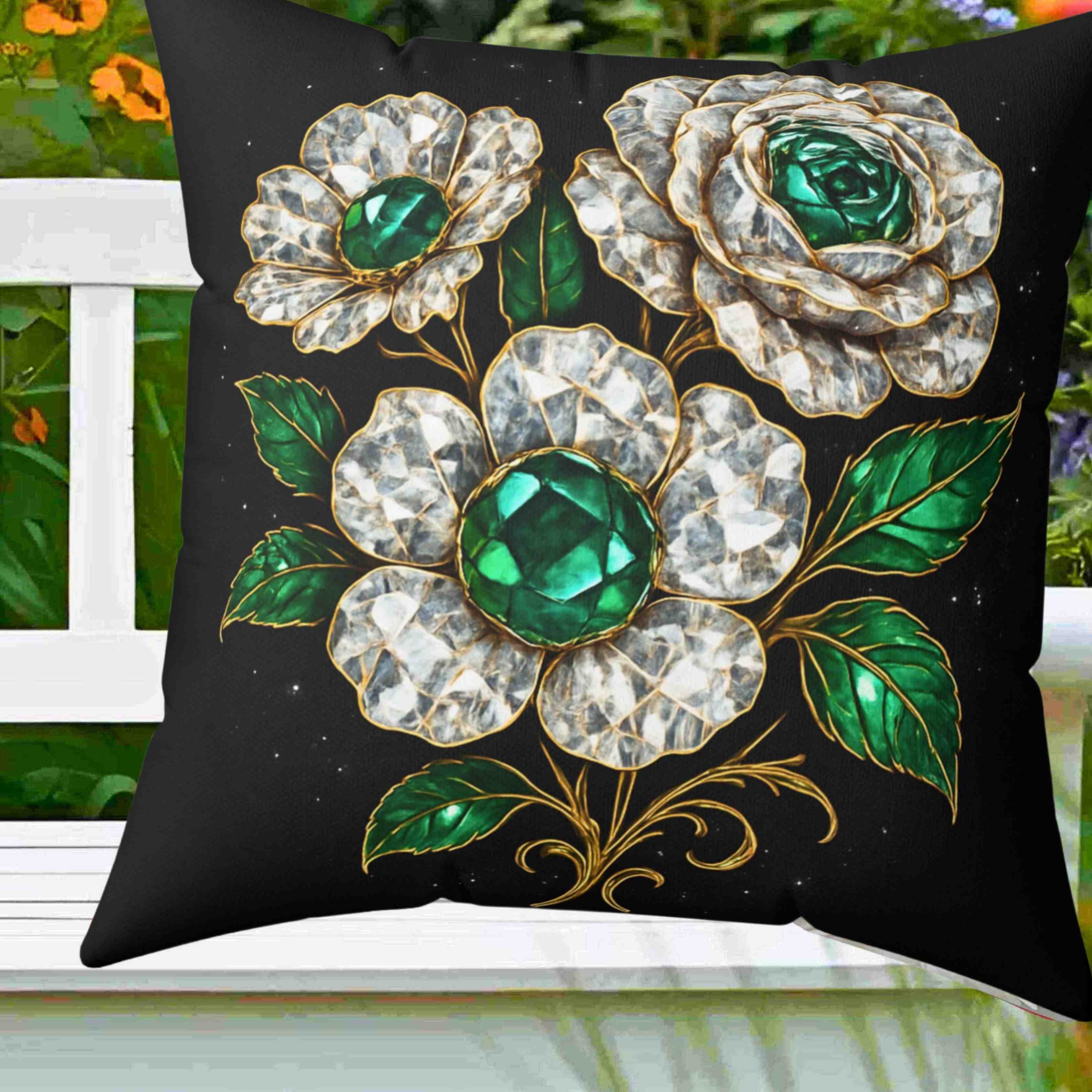 Vintage Emerald and Diamond Jewel Flower Pillow | Decorative Square Pillow product thumbnail image
