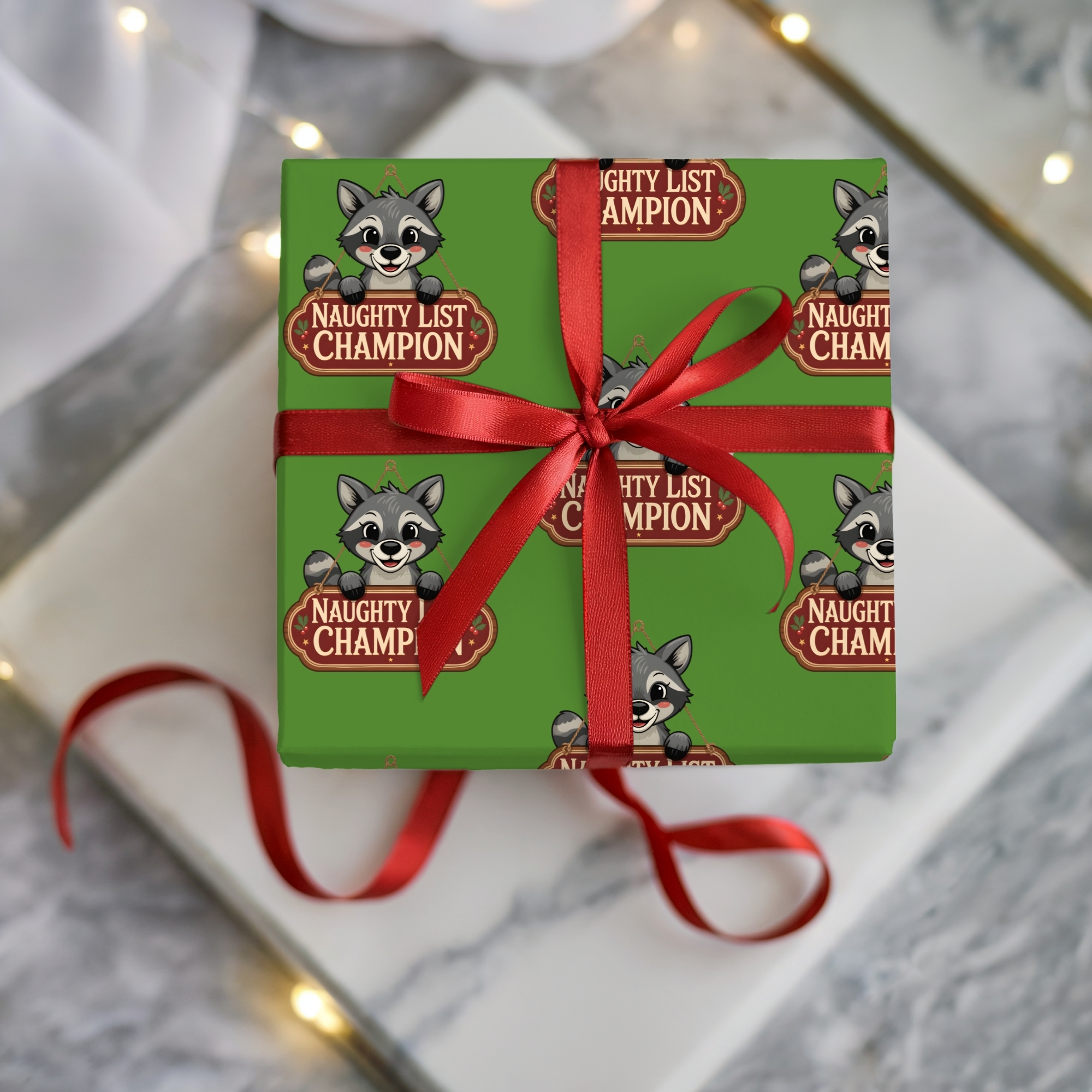 Holiday Wrapping Paper Cute Raccoon 'Naughty List Champion' Pattern product thumbnail image Holiday Wrapping Paper Cute Raccoon 'Naughty List Champion' Pattern product thumbnail image
