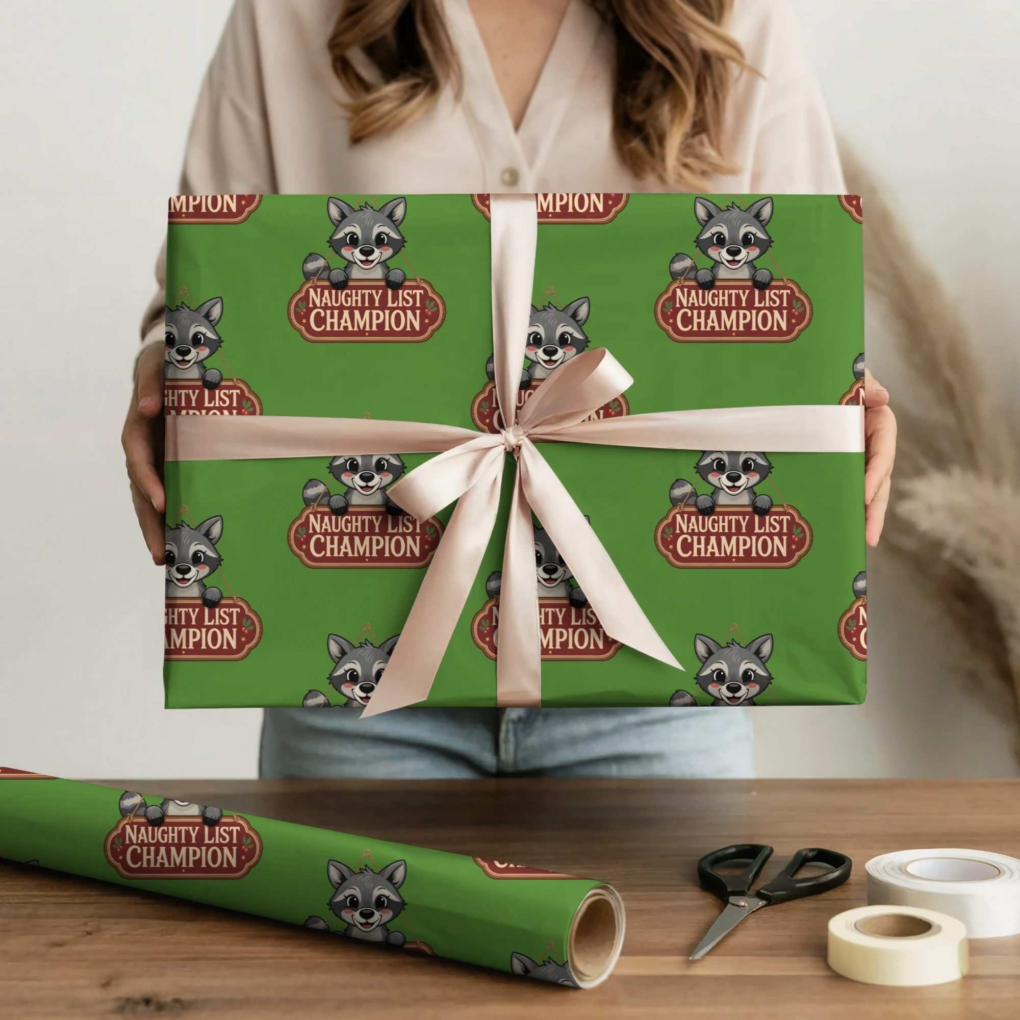 Holiday Wrapping Paper Cute Raccoon 'Naughty List Champion' Pattern