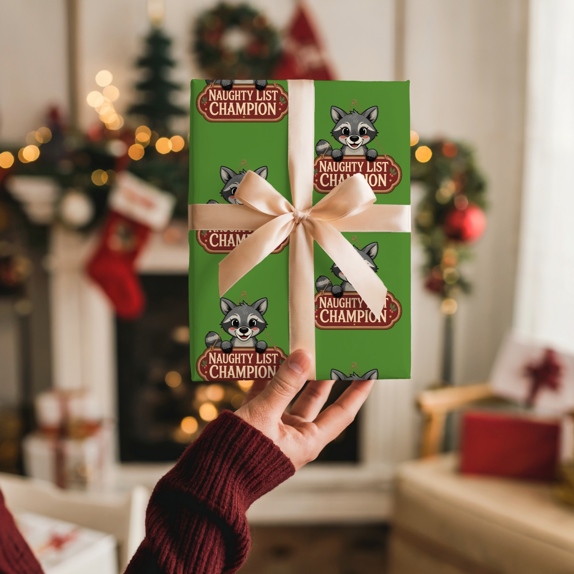 Holiday Wrapping Paper Cute Raccoon 'Naughty List Champion' Pattern product thumbnail image Holiday Wrapping Paper Cute Raccoon 'Naughty List Champion' Pattern product thumbnail image