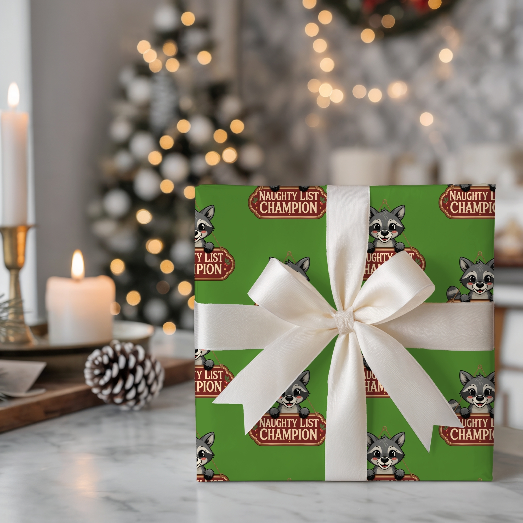 Holiday Wrapping Paper Cute Raccoon 'Naughty List Champion' Pattern product thumbnail image