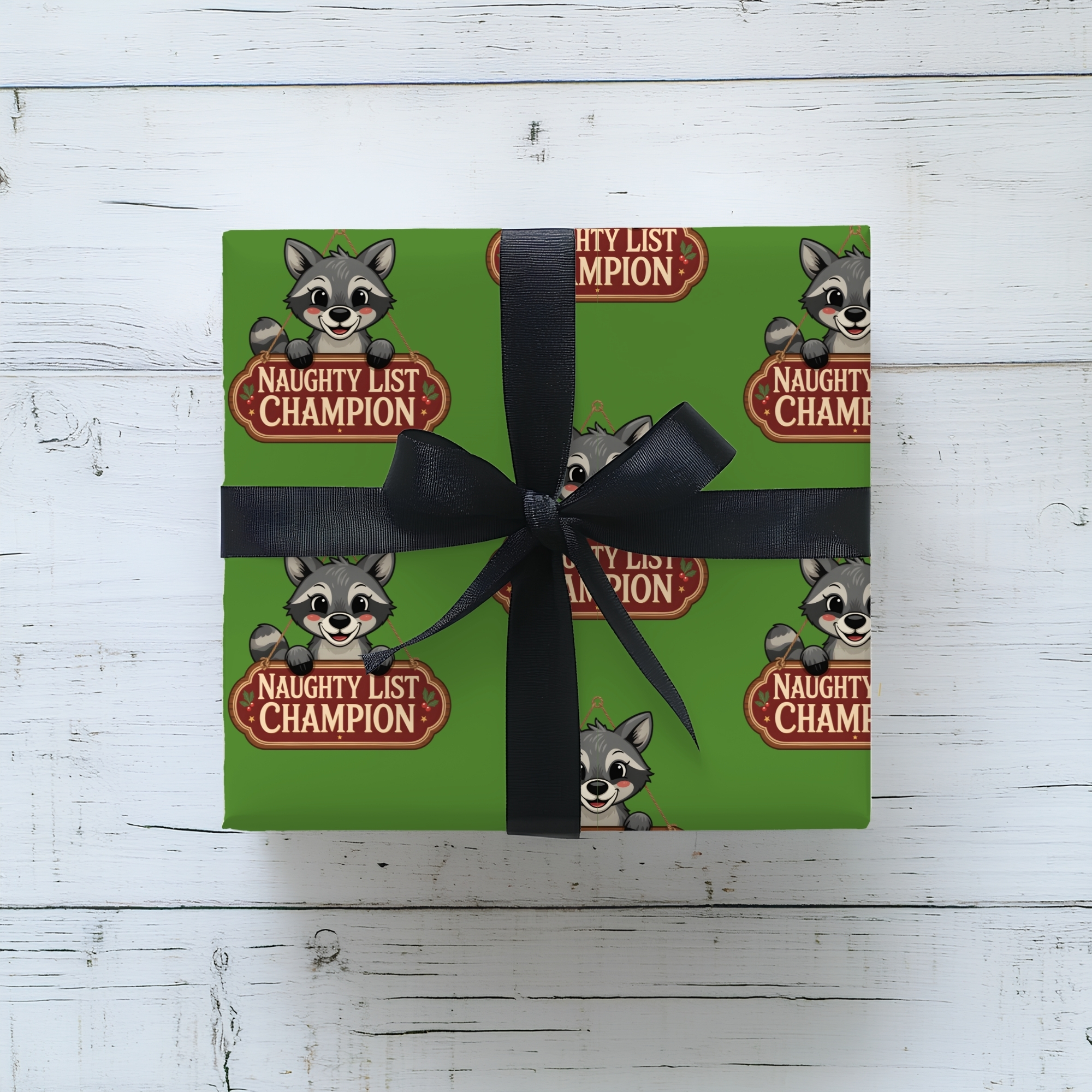 Holiday Wrapping Paper Cute Raccoon 'Naughty List Champion' Pattern product thumbnail image
