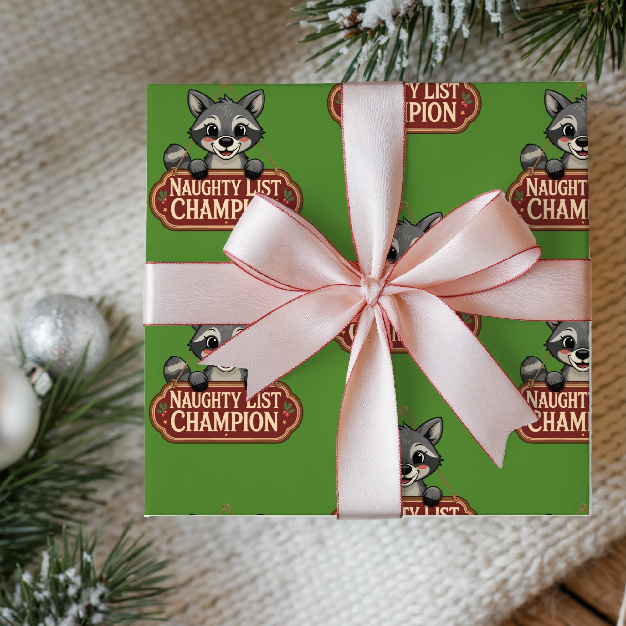 Holiday Wrapping Paper Cute Raccoon 'Naughty List Champion' Pattern product thumbnail image