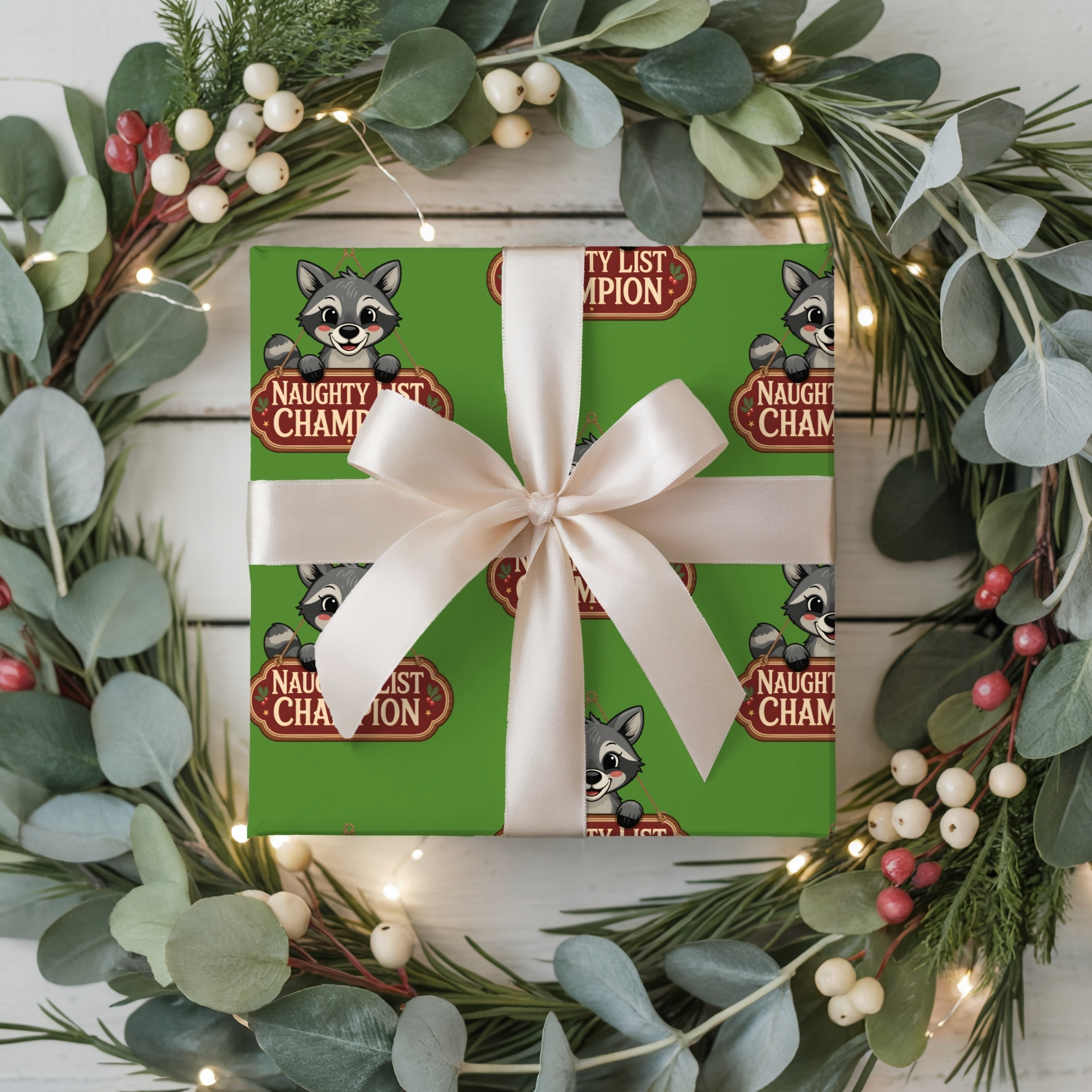 Holiday Wrapping Paper Cute Raccoon 'Naughty List Champion' Pattern product thumbnail image