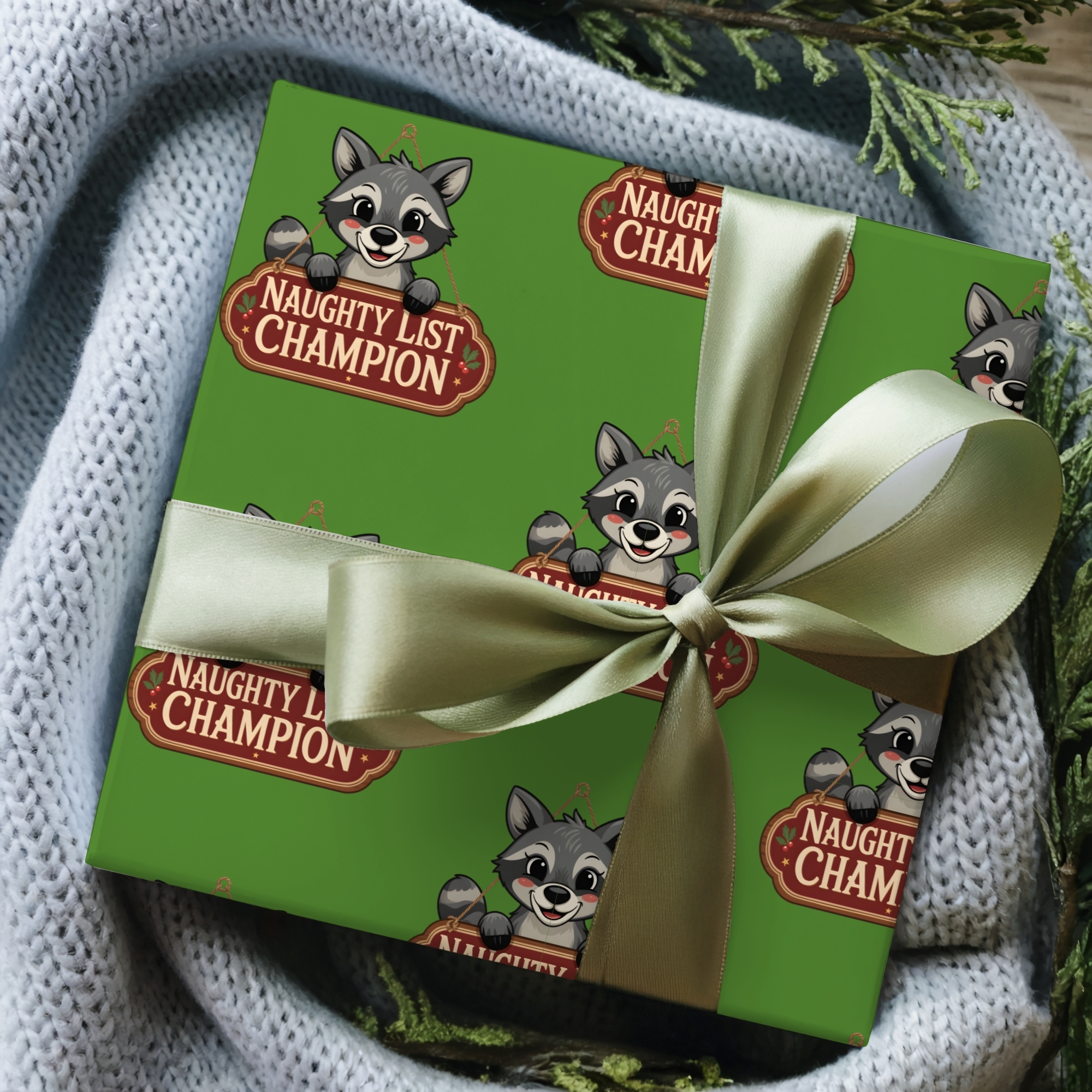Holiday Wrapping Paper Cute Raccoon 'Naughty List Champion' Pattern product thumbnail image