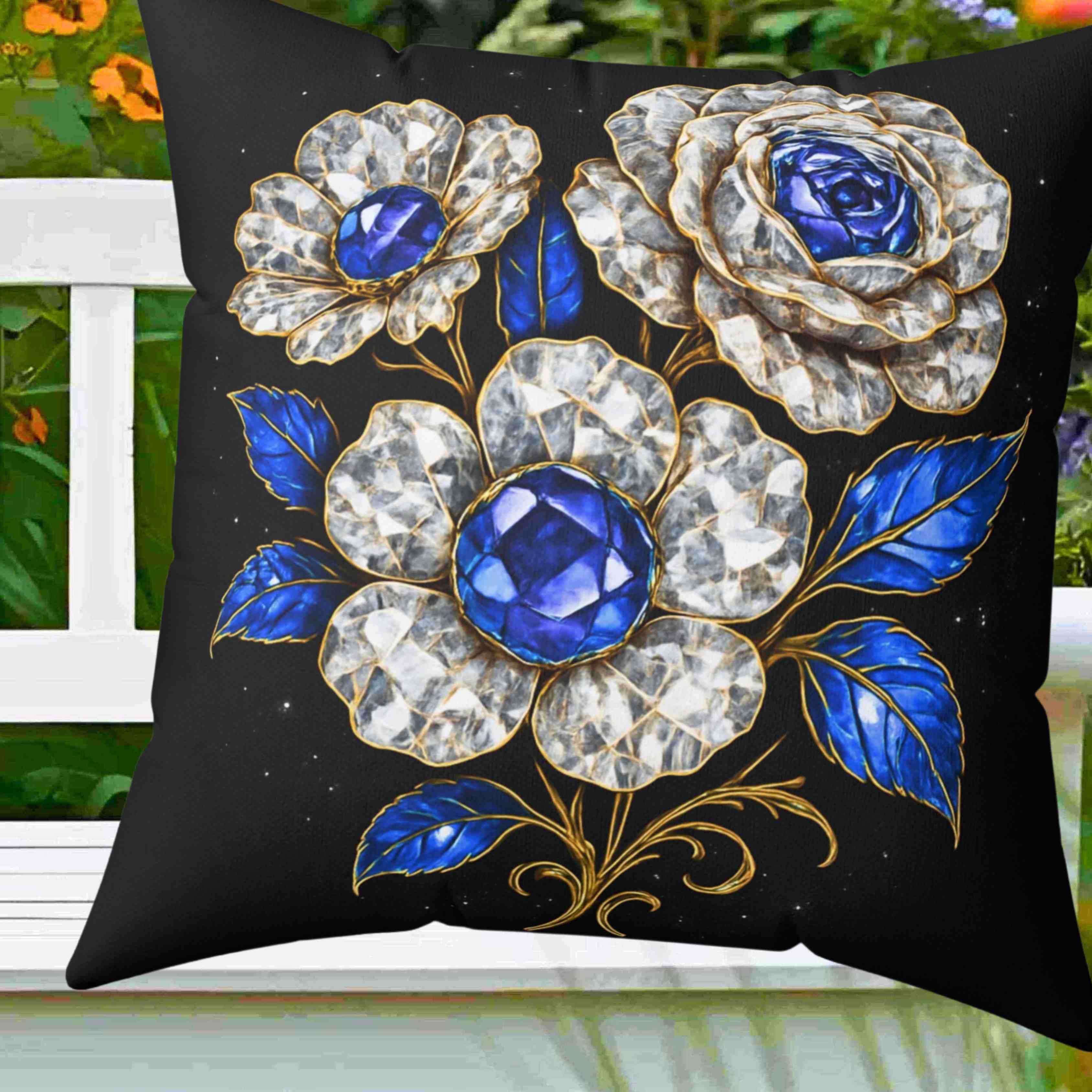 Blue Sapphire and Diamond Gem Floral Pillow | Decorative Square Throw Pillow product thumbnail image Blue Sapphire and Diamond Gem Floral Pillow | Decorative Square Throw Pillow product thumbnail image