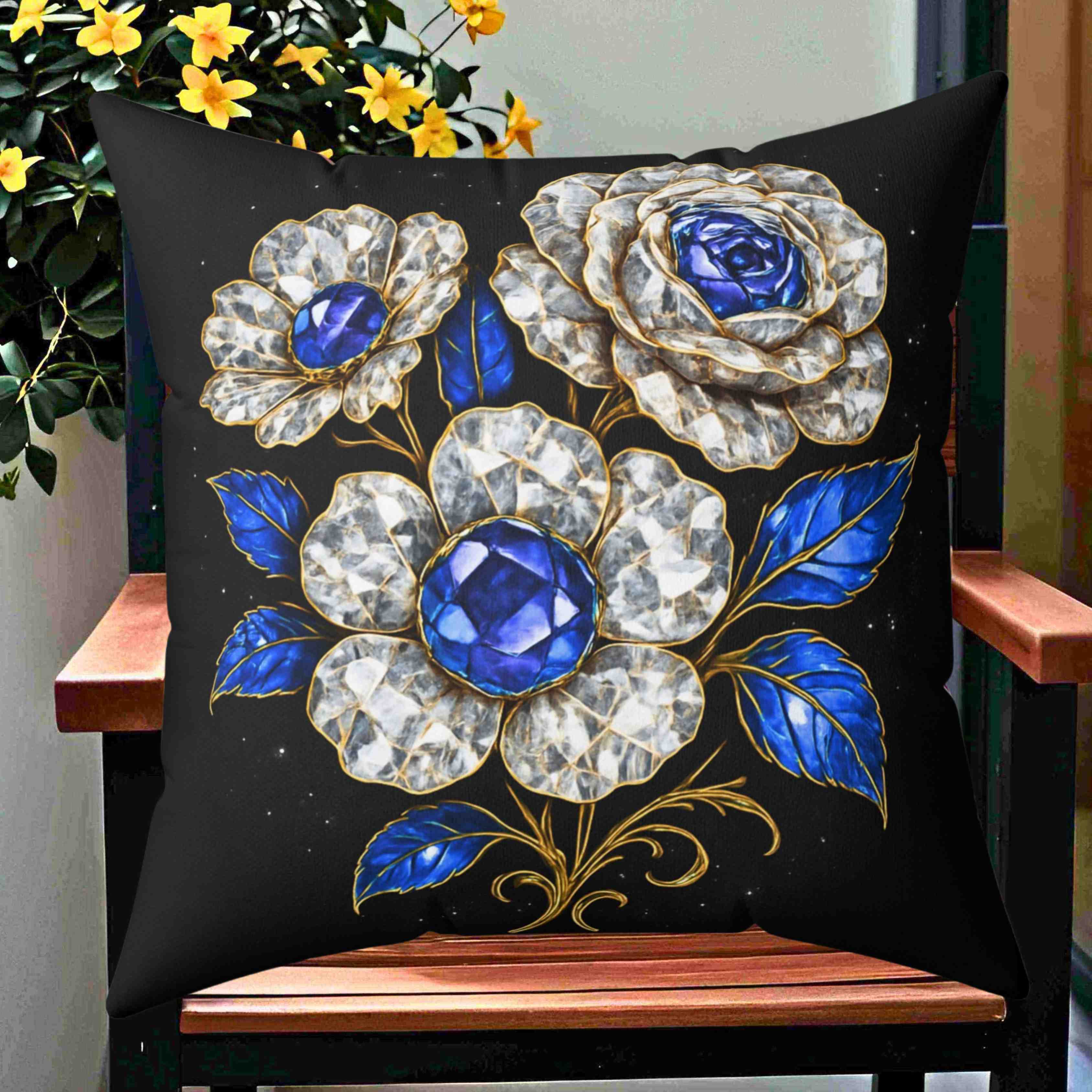 Blue Sapphire and Diamond Gem Floral Pillow | Decorative Square Throw Pillow product thumbnail image Blue Sapphire and Diamond Gem Floral Pillow | Decorative Square Throw Pillow product thumbnail image