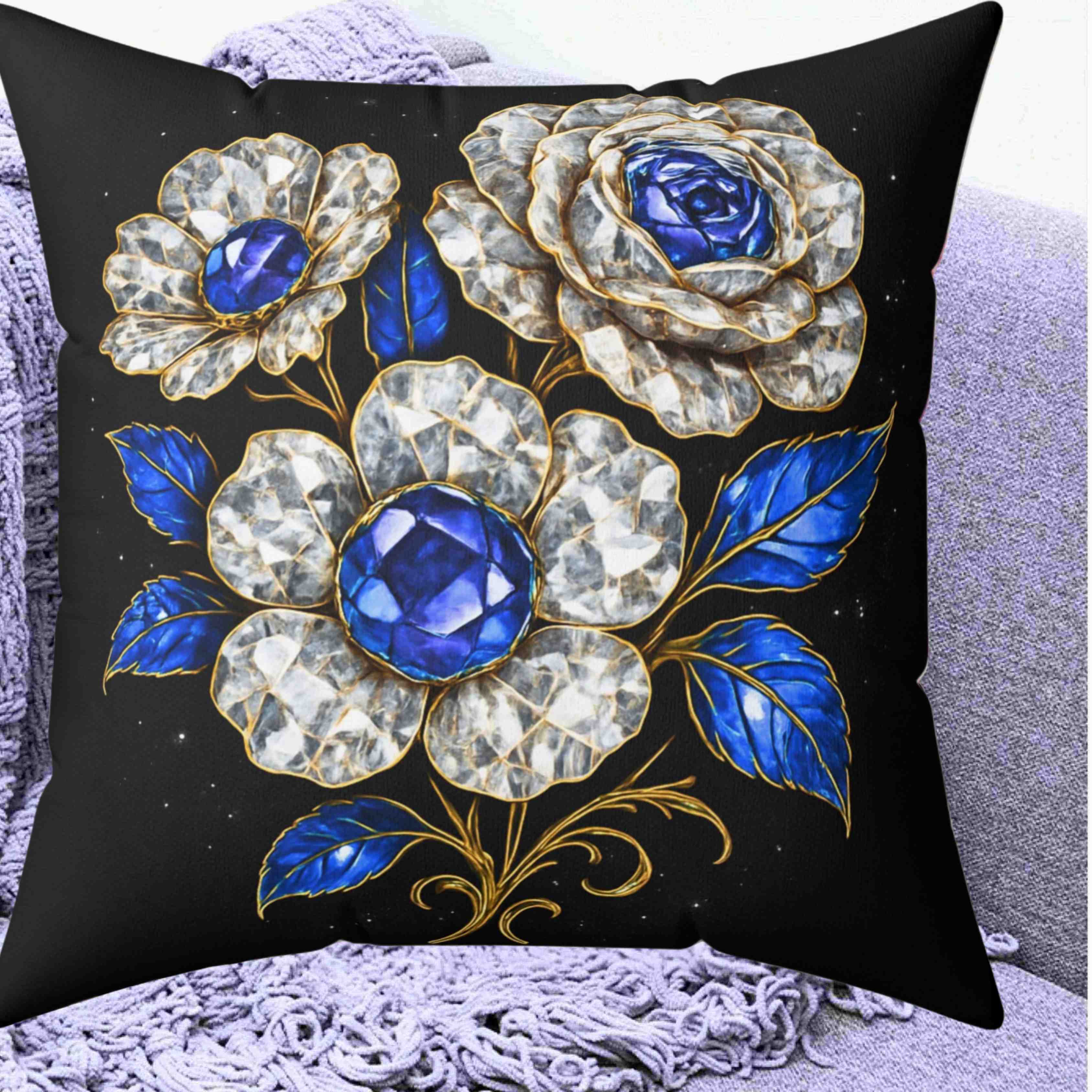 Blue Sapphire and Diamond Gem Floral Pillow | Decorative Square Throw Pillow product thumbnail image Blue Sapphire and Diamond Gem Floral Pillow | Decorative Square Throw Pillow product thumbnail image
