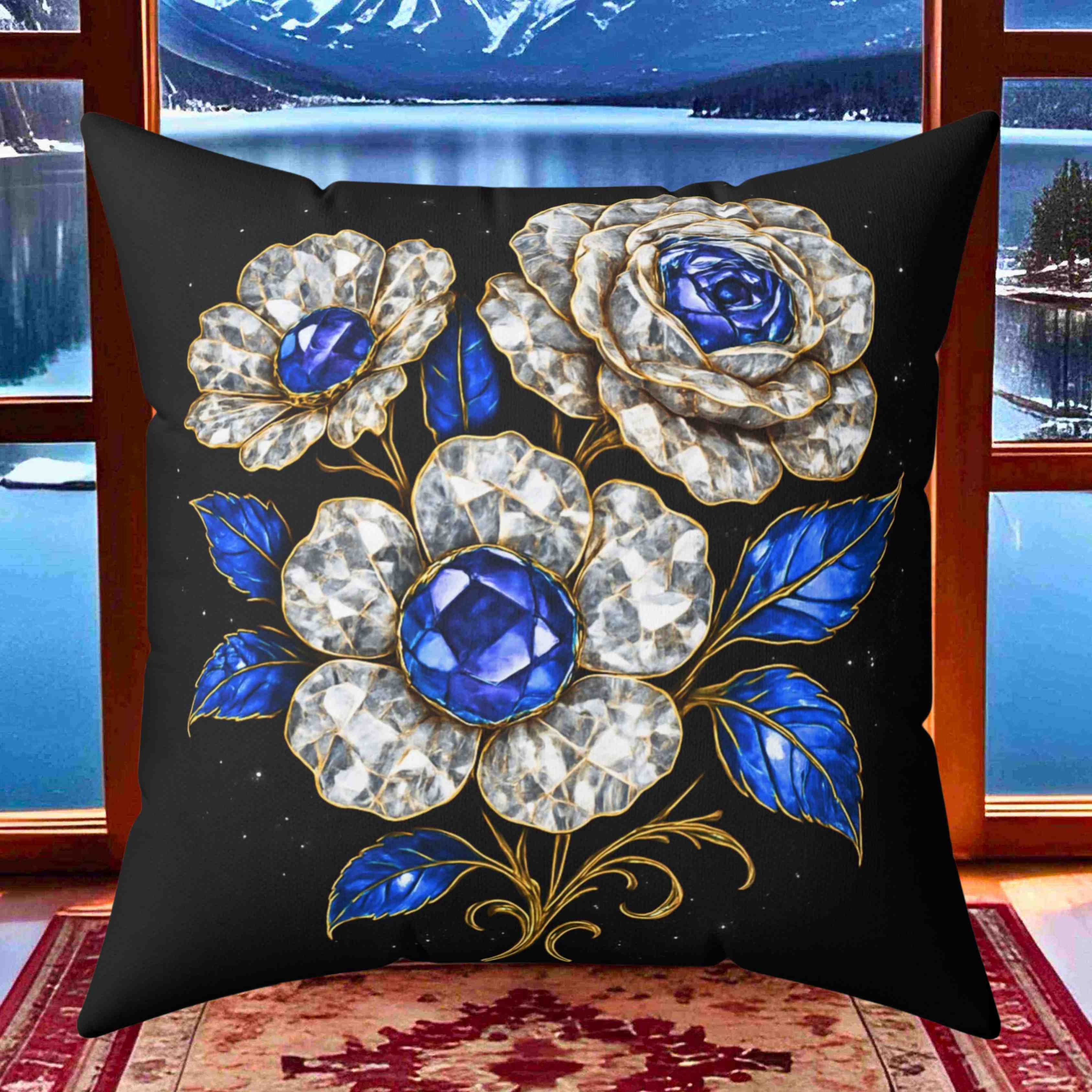 Blue Sapphire and Diamond Gem Floral Pillow | Decorative Square Throw Pillow product thumbnail image Blue Sapphire and Diamond Gem Floral Pillow | Decorative Square Throw Pillow product thumbnail image