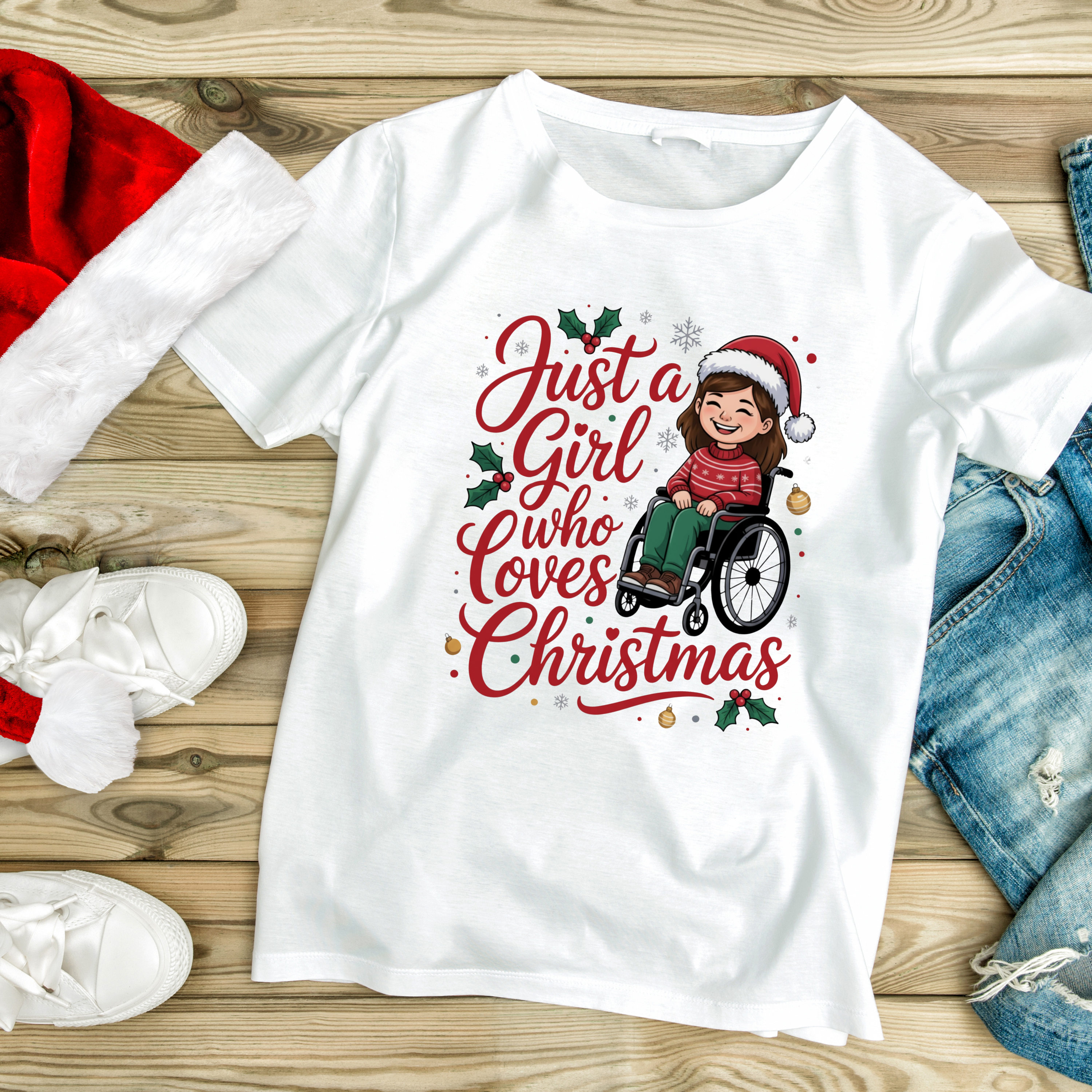 Just a Girl Who Loves Christmas Tee — Holiday Wheelchair Christmas T‑Shirt product thumbnail image