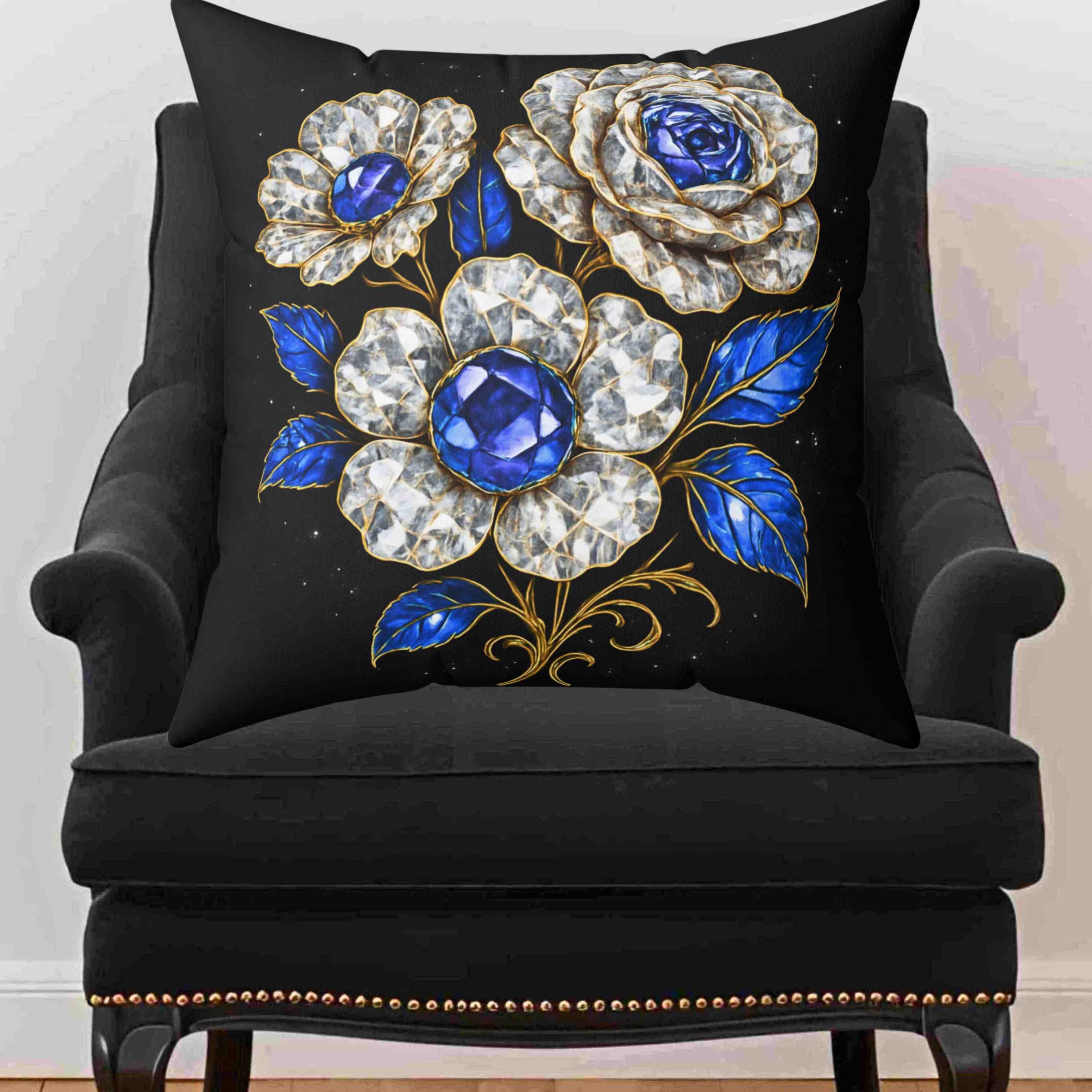 Blue Sapphire and Diamond Gem Floral Pillow | Decorative Square Throw Pillow product thumbnail image Blue Sapphire and Diamond Gem Floral Pillow | Decorative Square Throw Pillow product thumbnail image