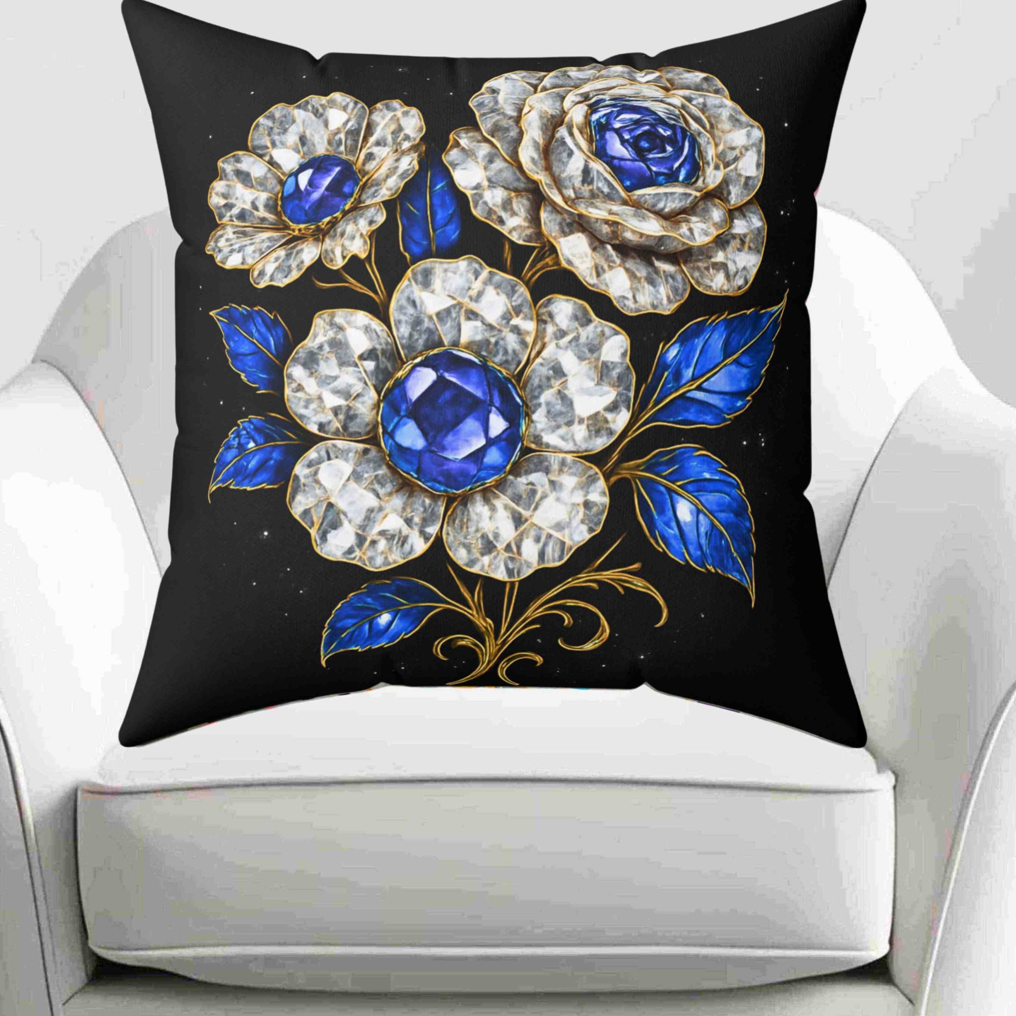 Blue Sapphire and Diamond Gem Floral Pillow | Decorative Square Throw Pillow product thumbnail image Blue Sapphire and Diamond Gem Floral Pillow | Decorative Square Throw Pillow product thumbnail image