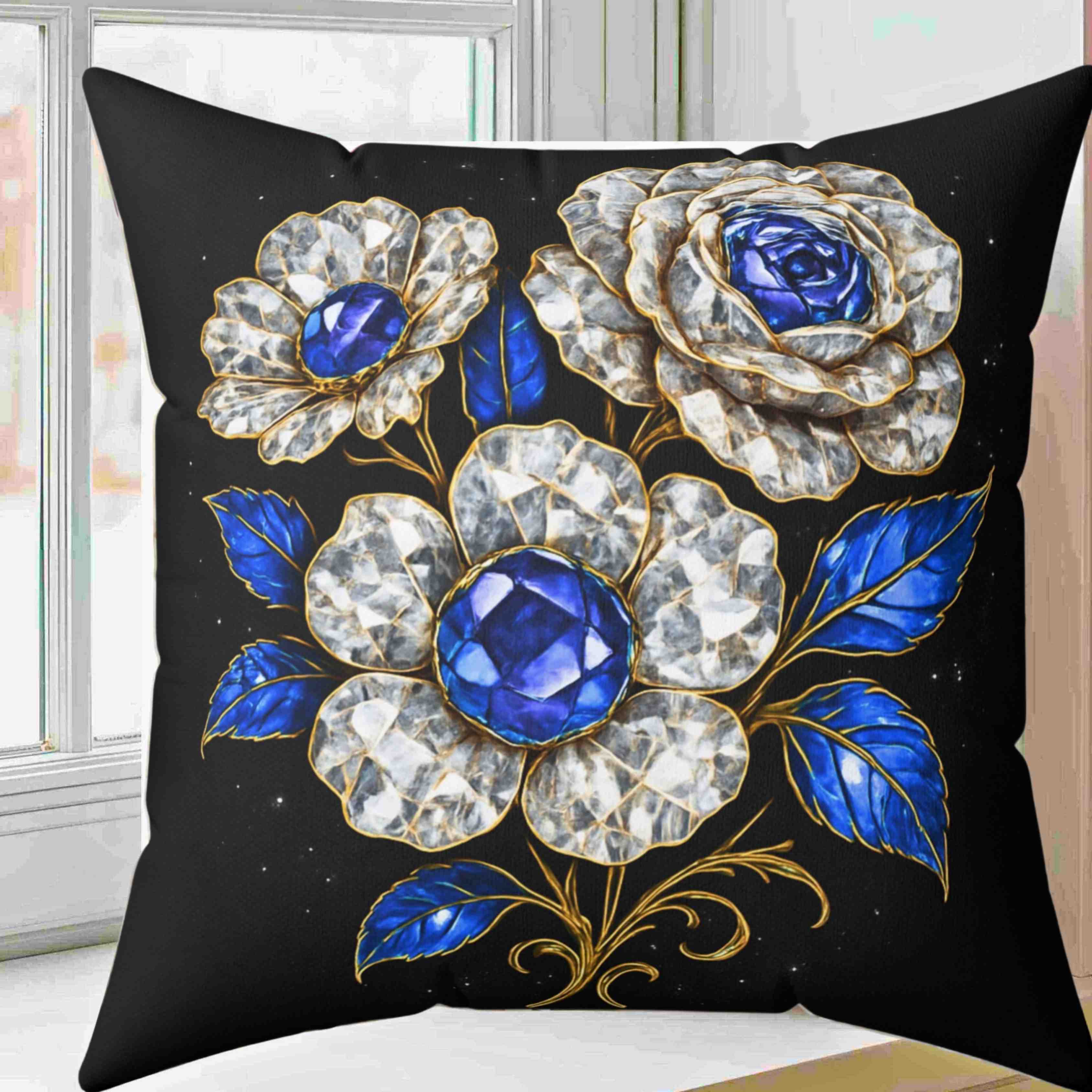 Blue Sapphire and Diamond Gem Floral Pillow | Decorative Square Throw Pillow