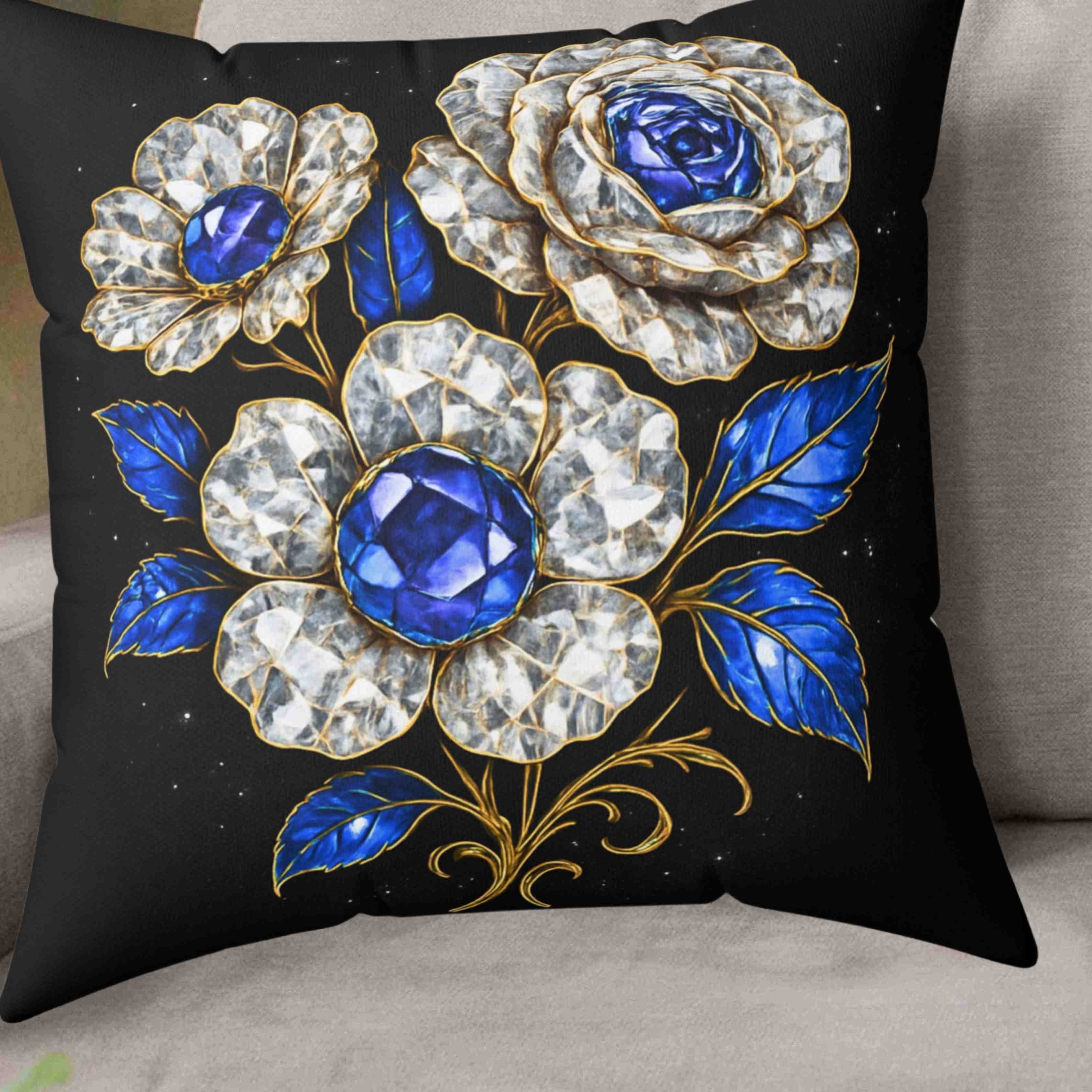 Blue Sapphire and Diamond Gem Floral Pillow | Decorative Square Throw Pillow product thumbnail image Blue Sapphire and Diamond Gem Floral Pillow | Decorative Square Throw Pillow product thumbnail image