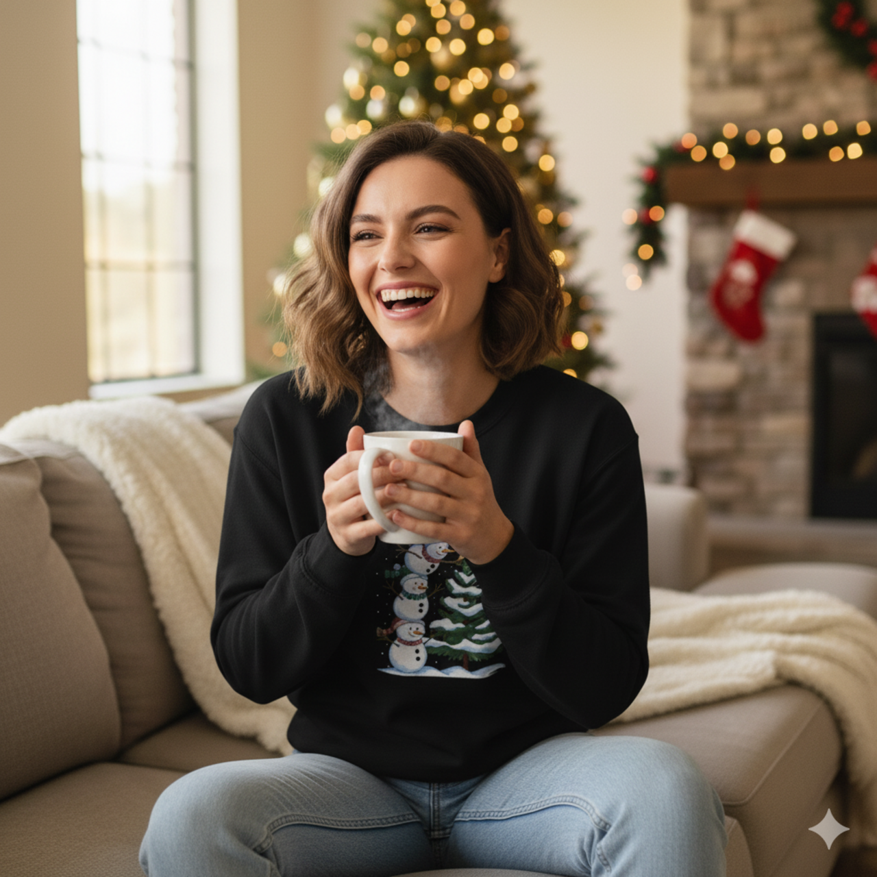 Snowman Tree Crewneck Sweatshirt — Cute Stacked Snowmen & Christmas Tree Holiday Sweater product thumbnail image Snowman Tree Crewneck Sweatshirt — Cute Stacked Snowmen & Christmas Tree Holiday Sweater product thumbnail image