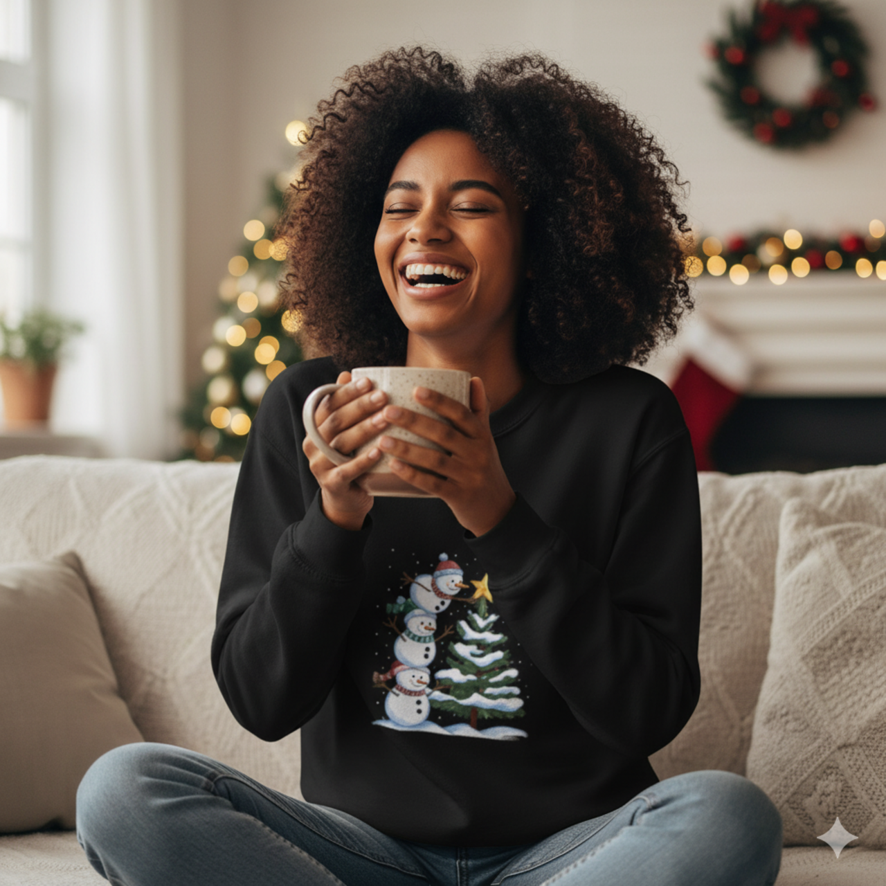 Snowman Tree Crewneck Sweatshirt — Cute Stacked Snowmen &amp; Christmas Tree Holiday Sweater product thumbnail image