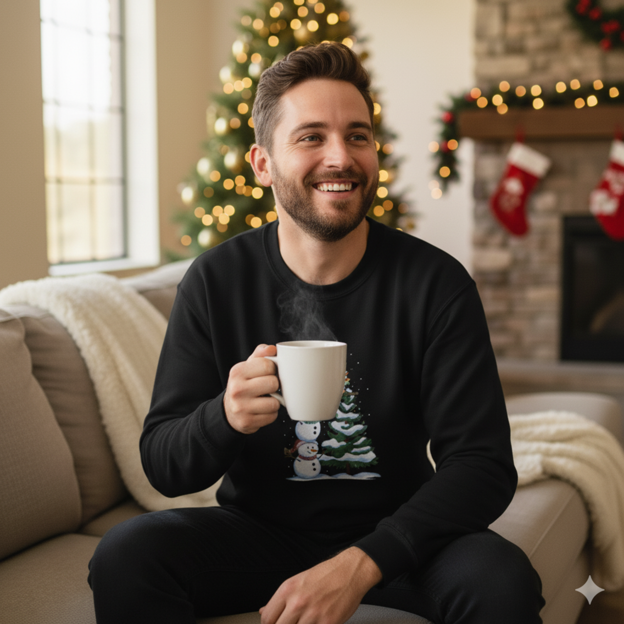 Snowman Tree Crewneck Sweatshirt — Cute Stacked Snowmen &amp; Christmas Tree Holiday Sweater product thumbnail image