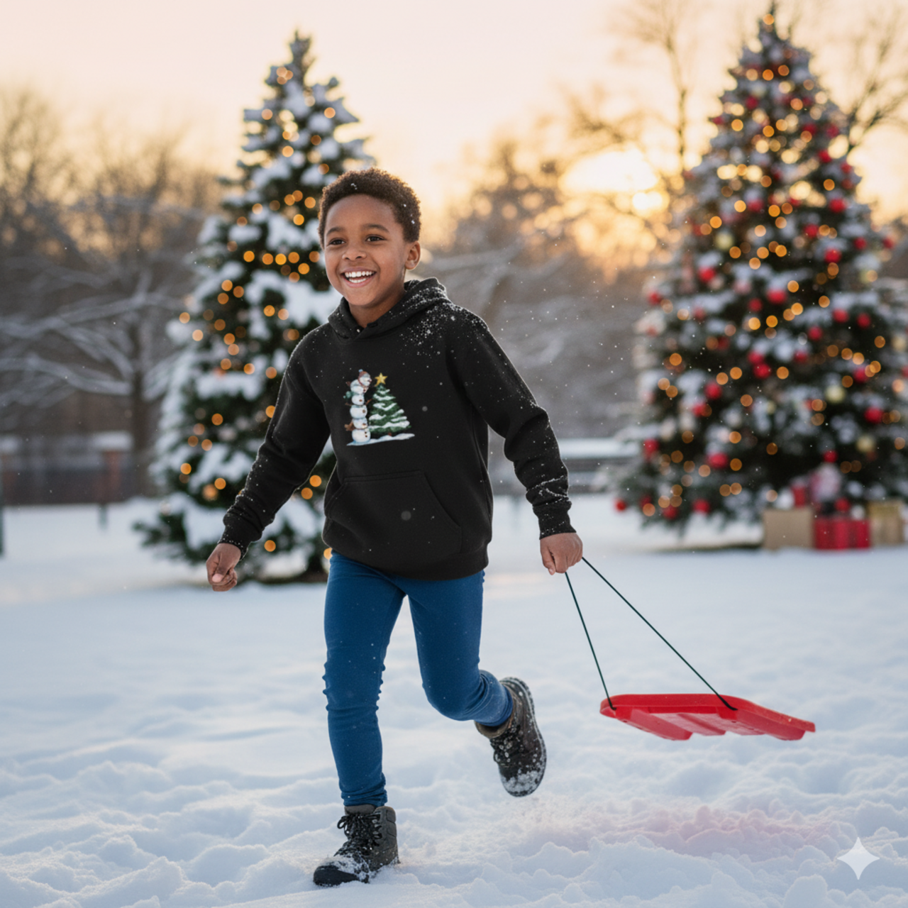 Youth Holiday Snowman &amp; Tree Hoodie — Cute Christmas Kids Sweatshirt product thumbnail image