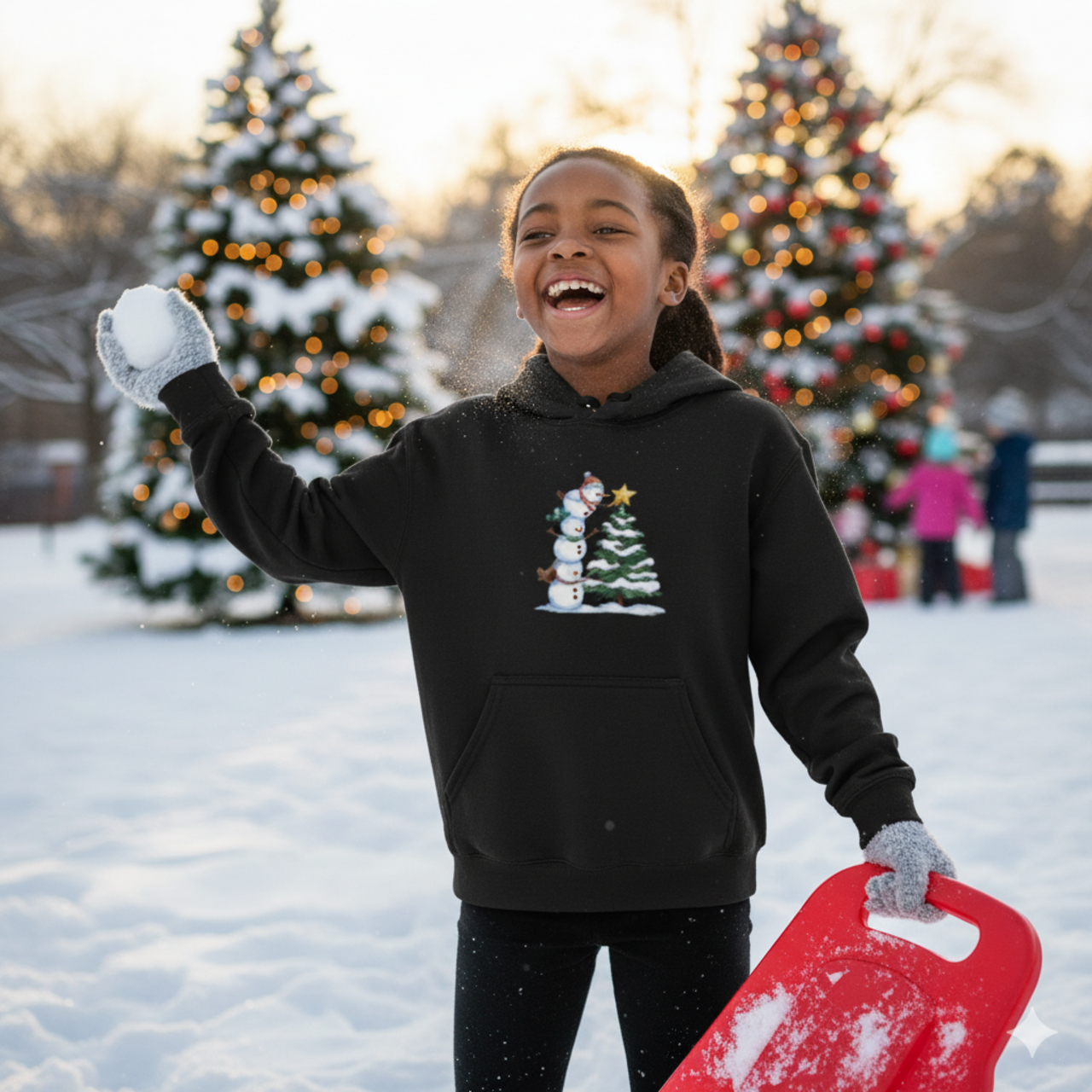 Youth Holiday Snowman &amp; Tree Hoodie — Cute Christmas Kids Sweatshirt product thumbnail image