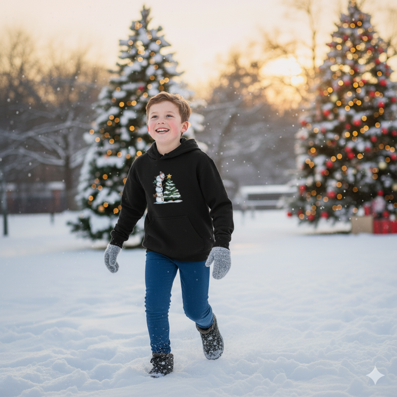 Youth Holiday Snowman &amp; Tree Hoodie — Cute Christmas Kids Sweatshirt product thumbnail image
