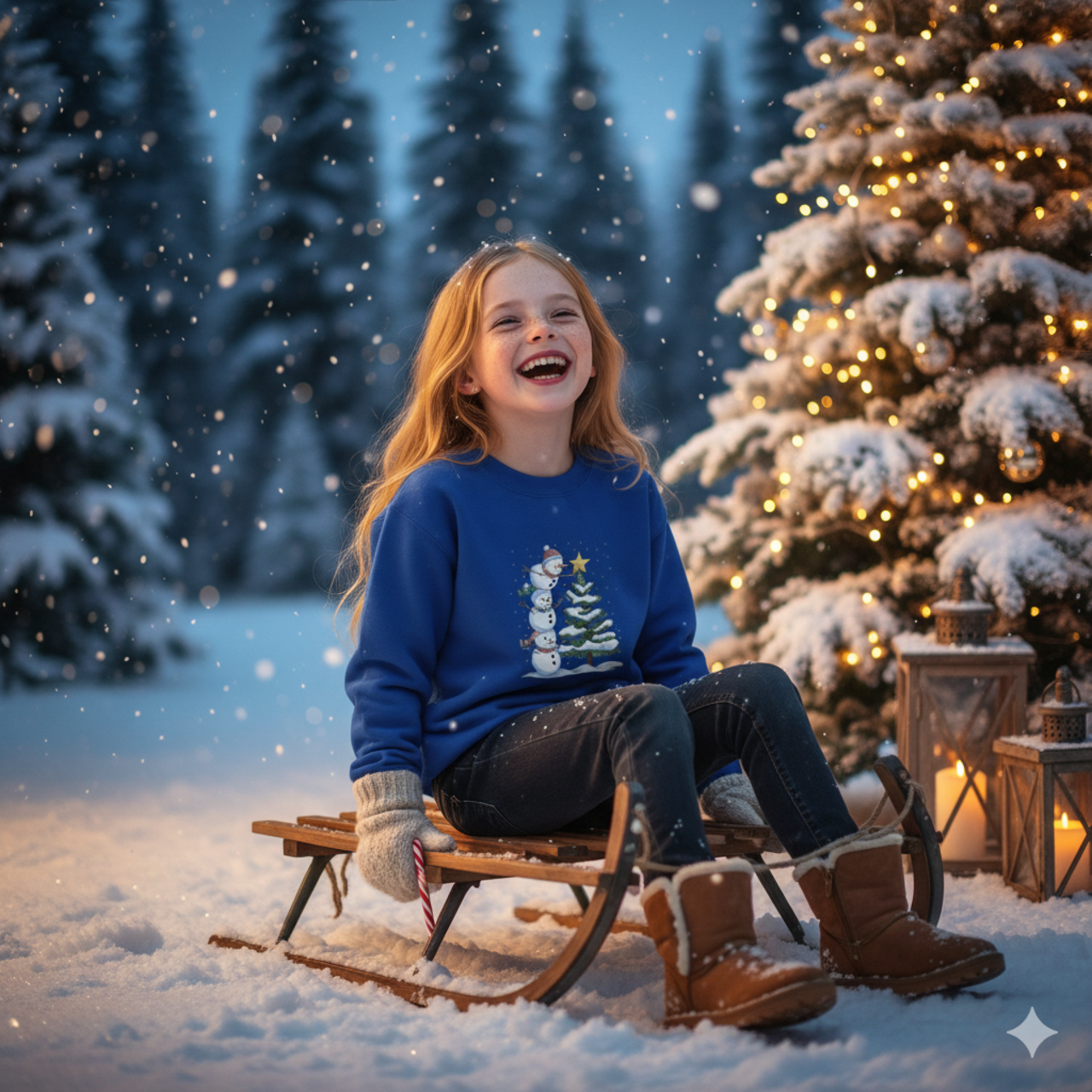 Kids Christmas Sweatshirt — Stacked Snowmen Decorating Tree Holiday Pullover product thumbnail image