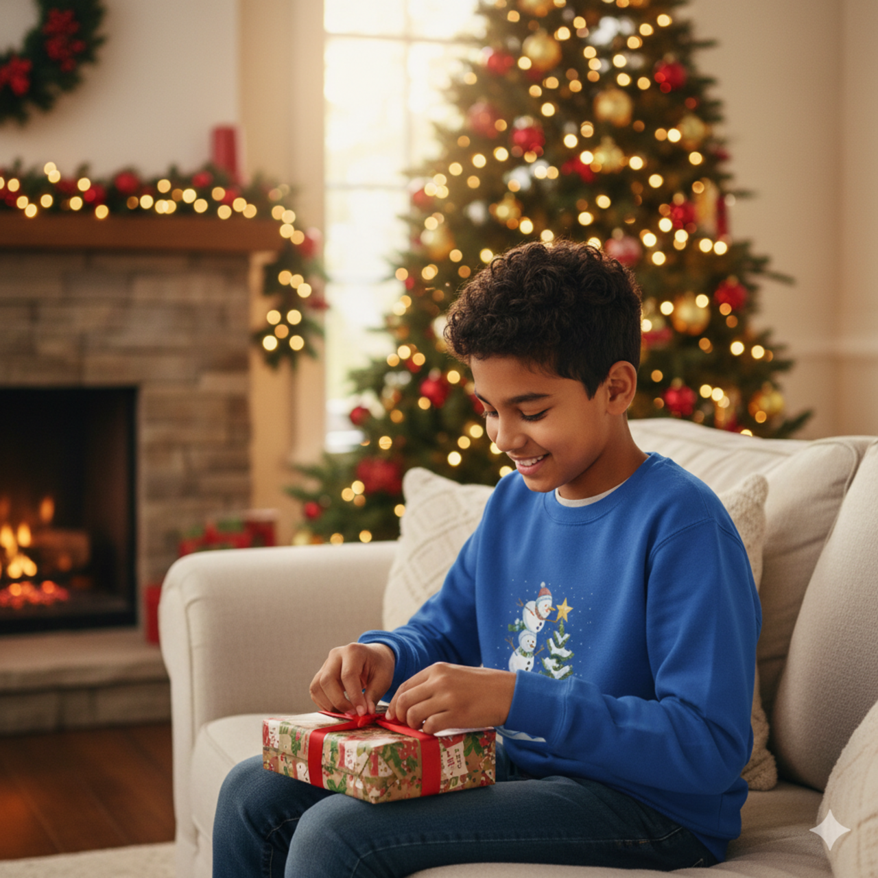 Kids Christmas Sweatshirt — Stacked Snowmen Decorating Tree Holiday Pullover product thumbnail image Kids Christmas Sweatshirt — Stacked Snowmen Decorating Tree Holiday Pullover product thumbnail image