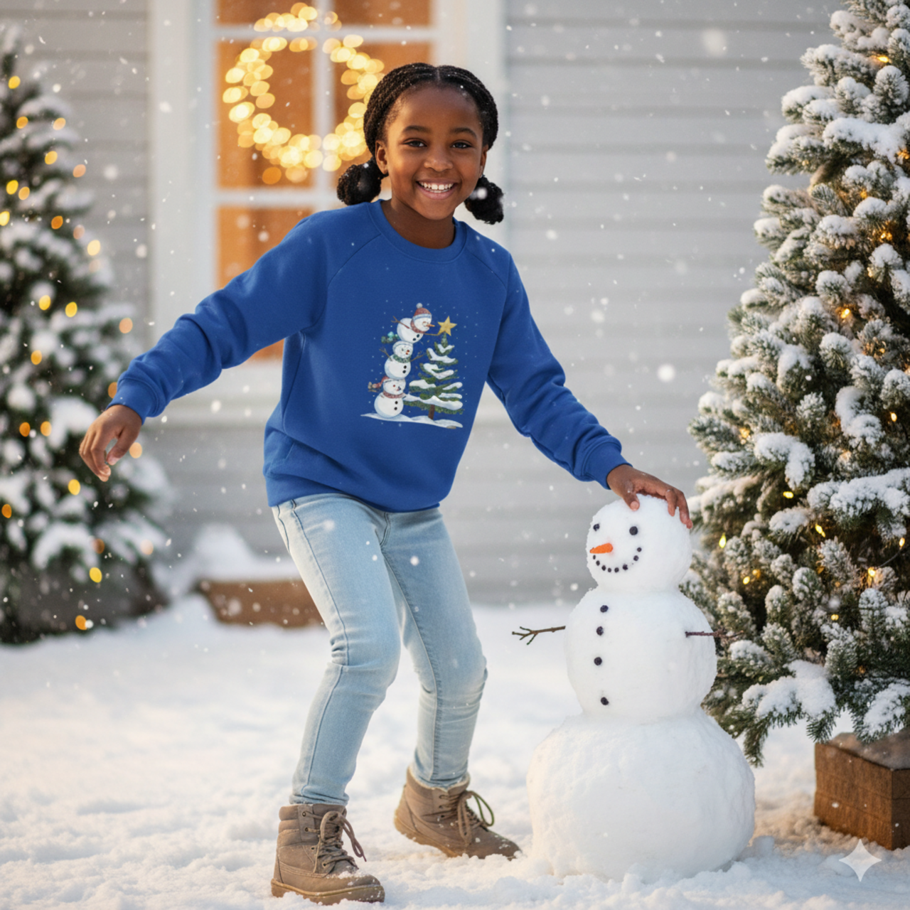 Kids Christmas Sweatshirt — Stacked Snowmen Decorating Tree Holiday Pullover product thumbnail image Kids Christmas Sweatshirt — Stacked Snowmen Decorating Tree Holiday Pullover product thumbnail image