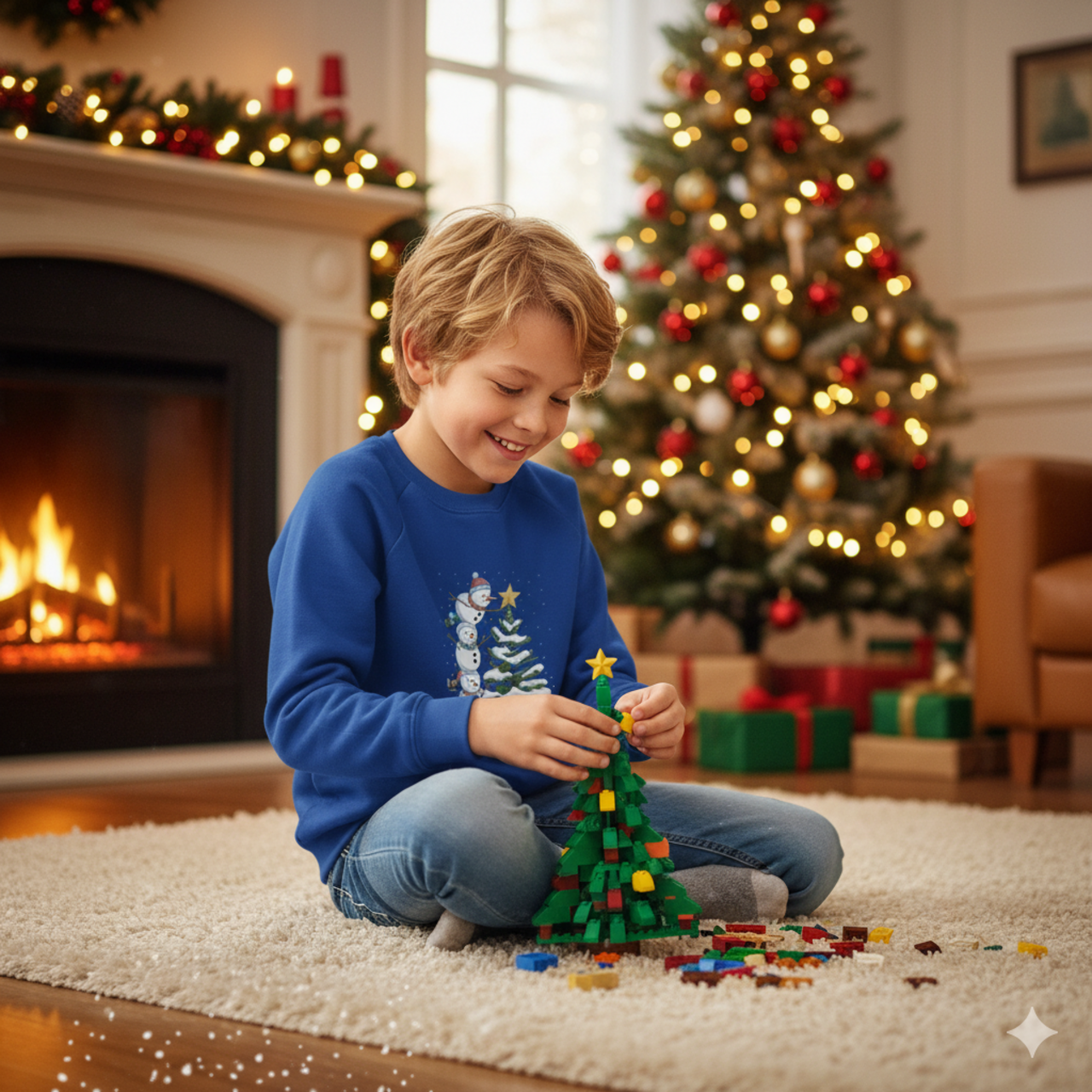 Kids Christmas Sweatshirt — Stacked Snowmen Decorating Tree Holiday Pullover product thumbnail image