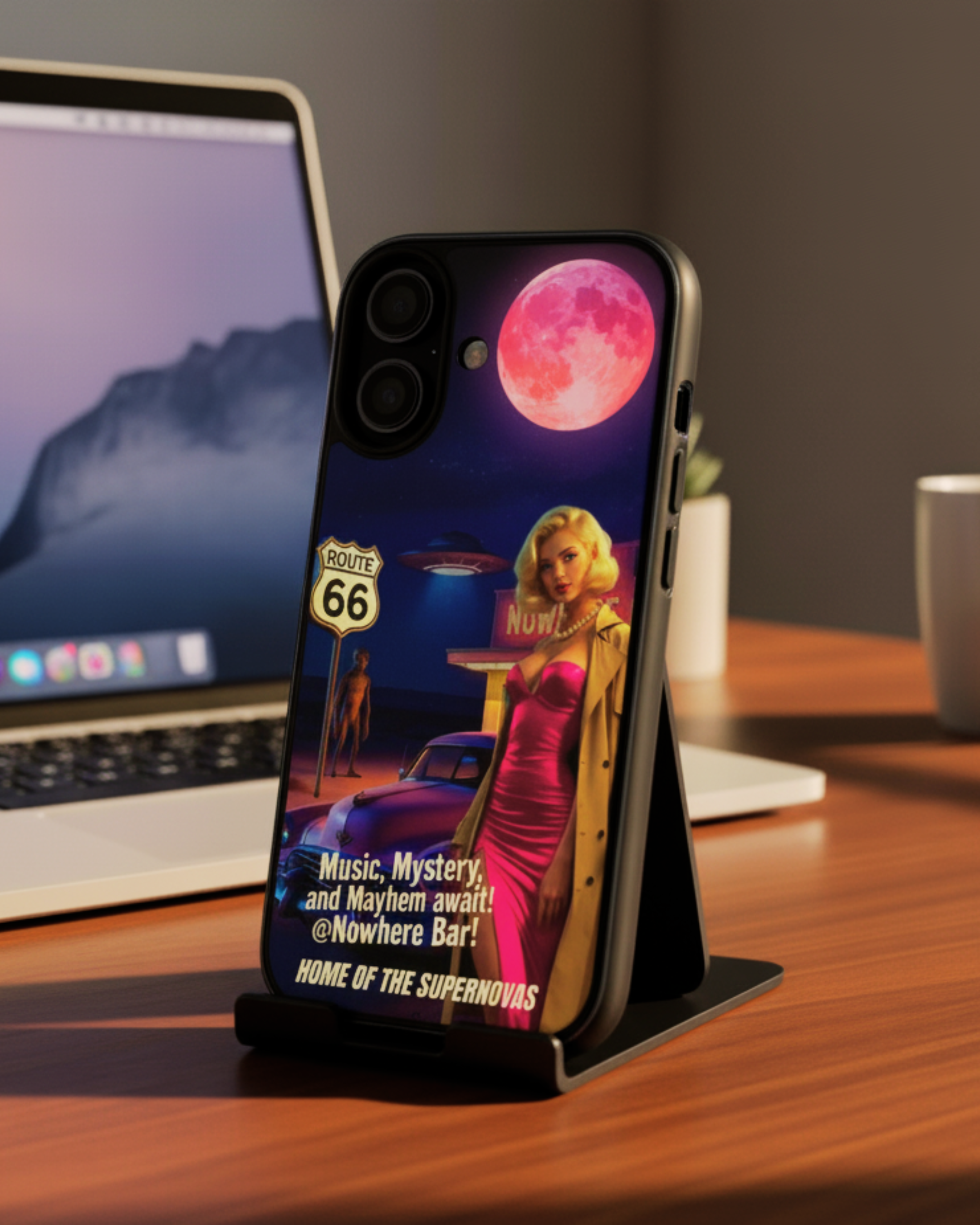 Retro Sci-Fi Noir Detective Phone Case for iPhone – Spectra Supernova Pink Cadillac Edition – 1940s Pulp Fiction Pin-up Art, Personalized MagSafe, Roswell Alien UFO Gift for iPhone 14-17