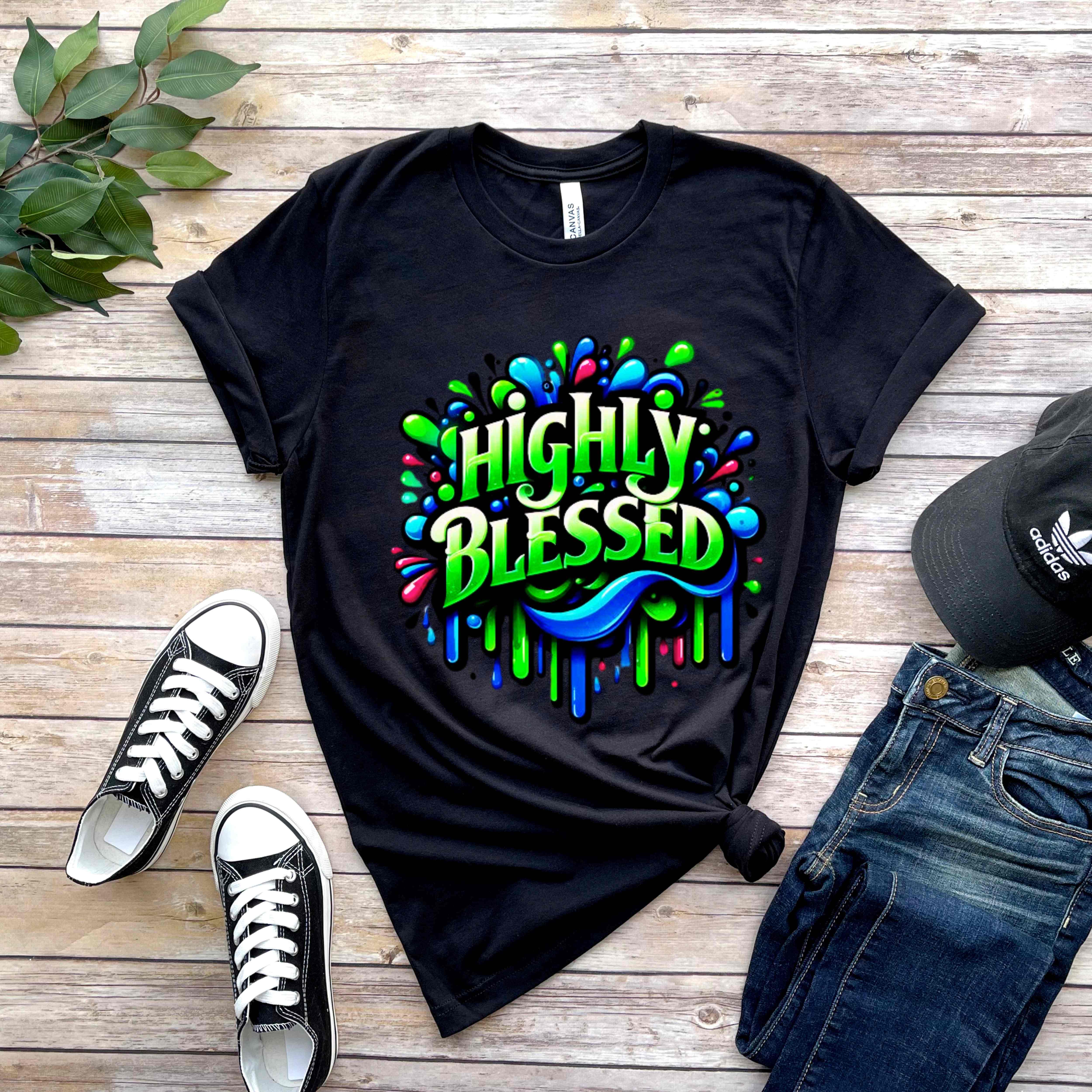 "Highly Blessed"  - Vibrant Drip Graphic Faith-Based Cotton Short Sleeve Tshirt, Gift Inspirational Colorful Apparel product thumbnail image