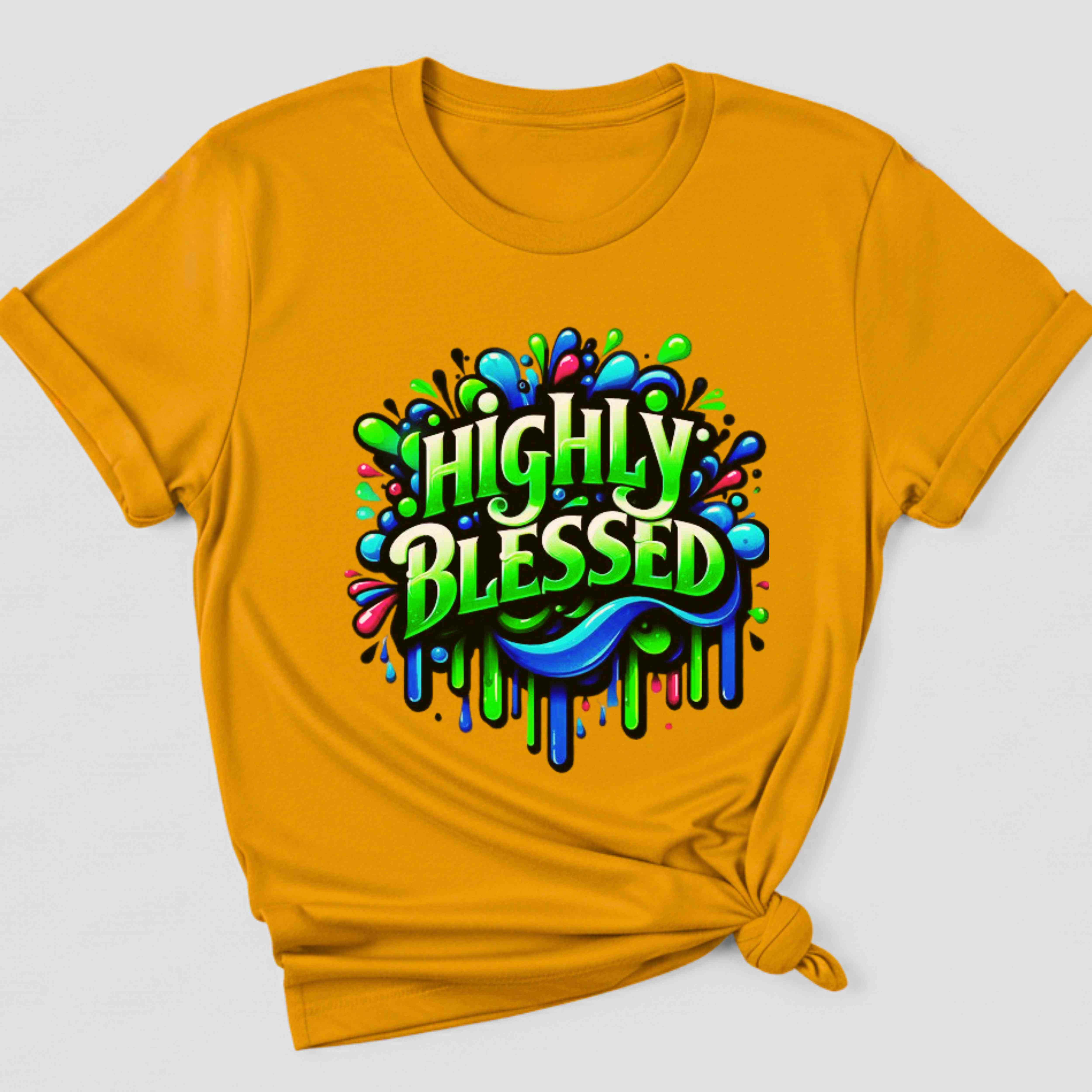 "Highly Blessed"  - Vibrant Drip Graphic Faith-Based Cotton Short Sleeve Tshirt, Gift Inspirational Colorful Apparel product thumbnail image
