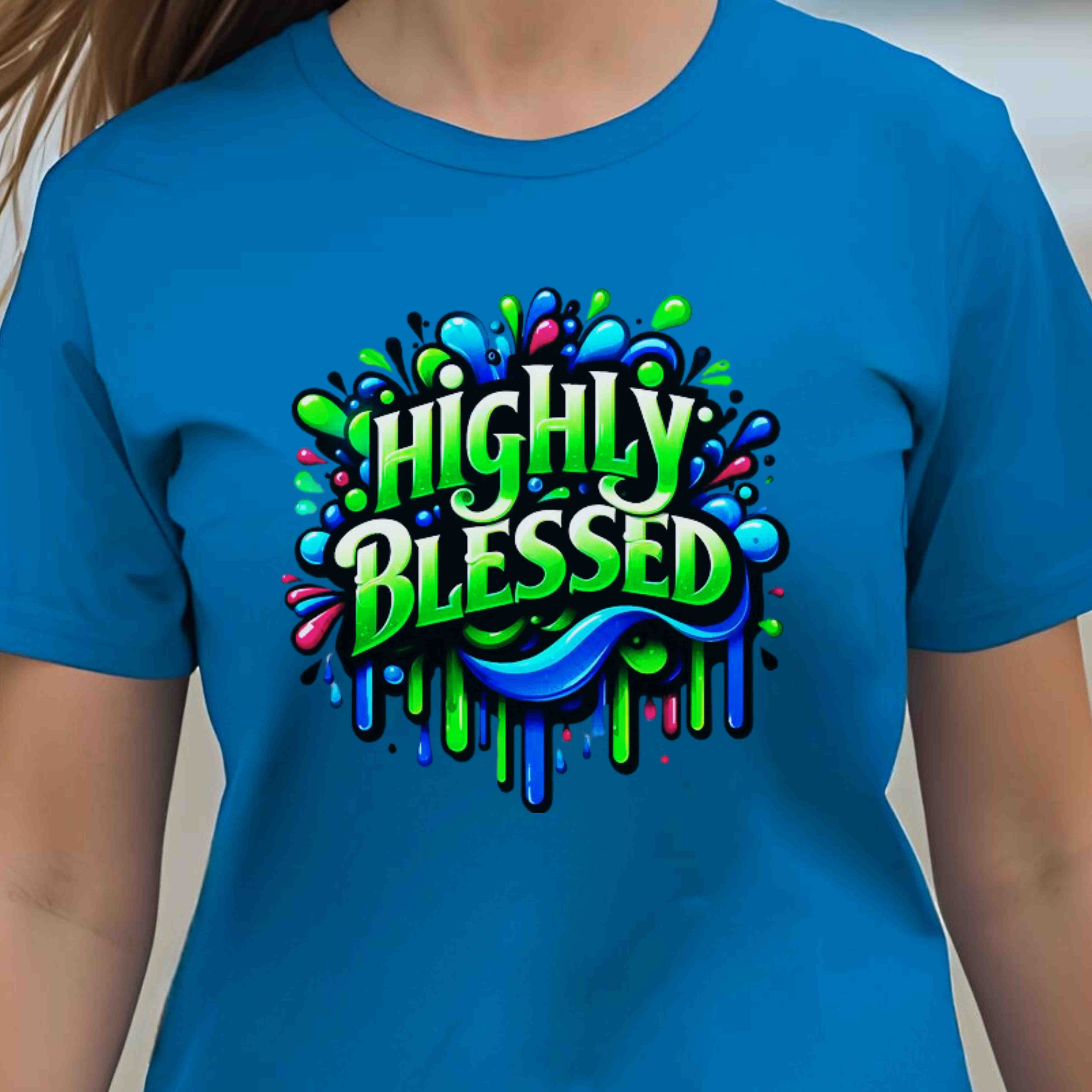 "Highly Blessed"  - Vibrant Drip Graphic Faith-Based Cotton Short Sleeve Tshirt, Gift Inspirational Colorful Apparel