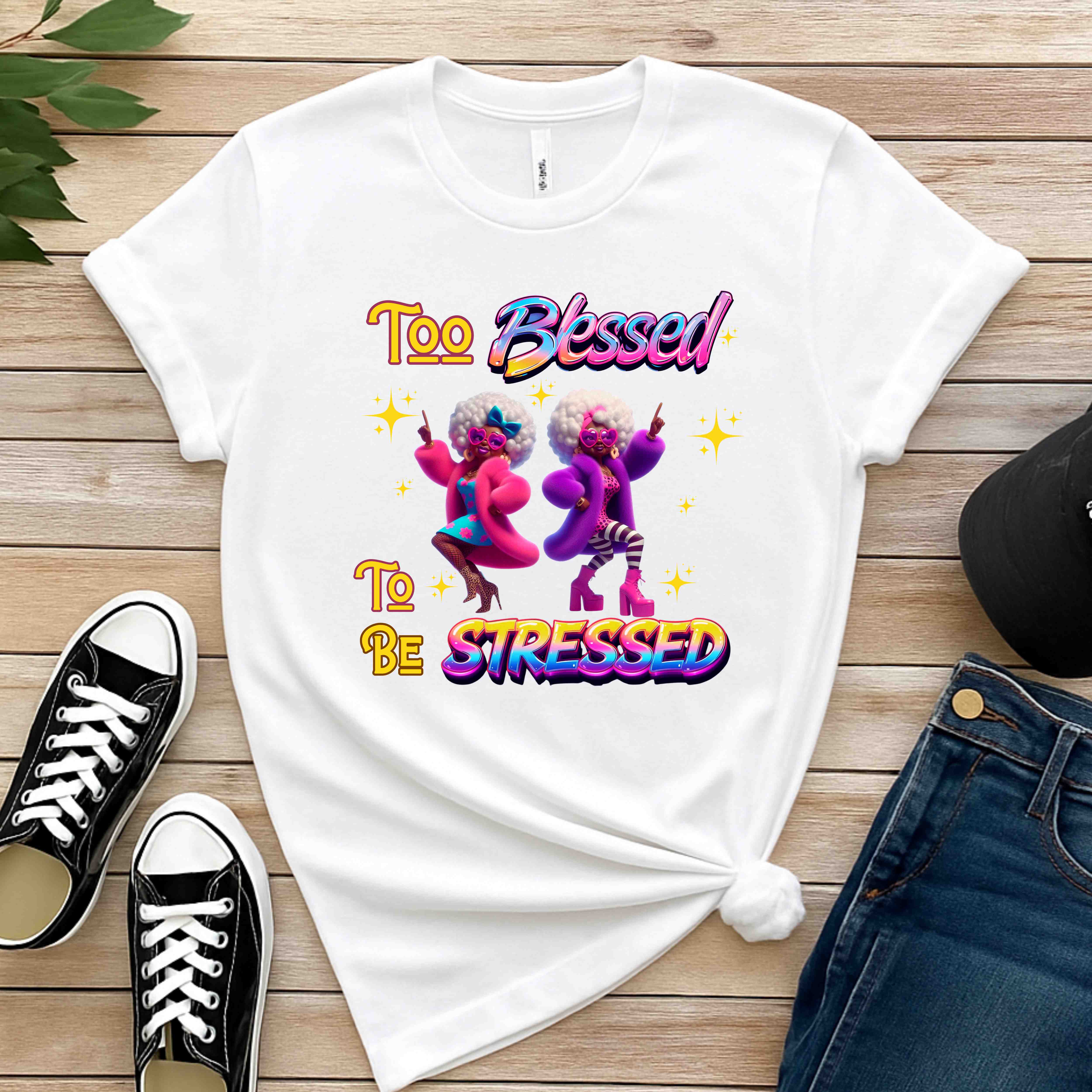 "Too Blessed to Be Stressed" Christian Women’s T-Shirt – Faith Over Pressure, Peace Over Chaos product thumbnail image