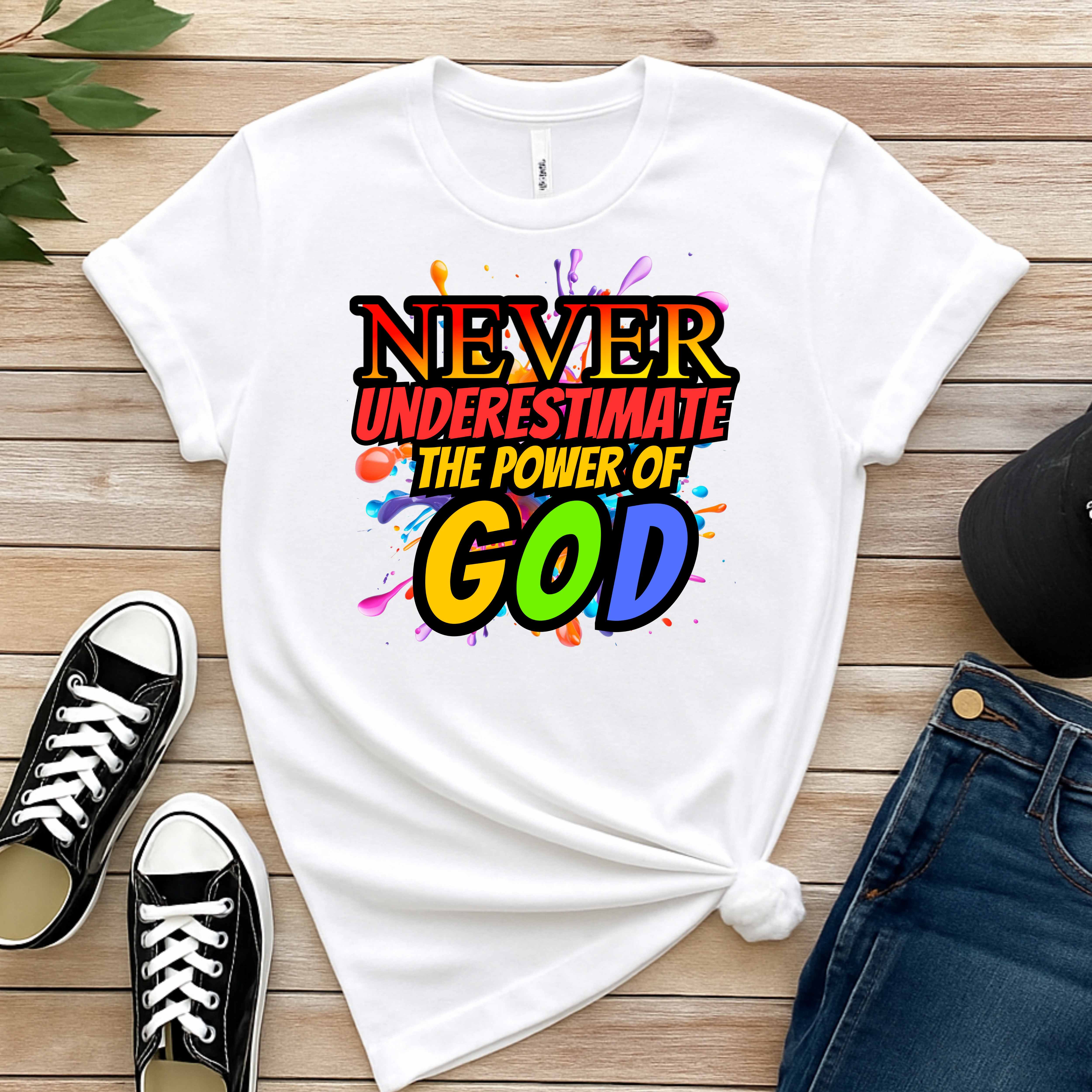 "Never Underestimate the Power of God" Christian Women’s Cotton Short Sleeve T-Shirt – Bold Faith, Inspirational Gift  product thumbnail image