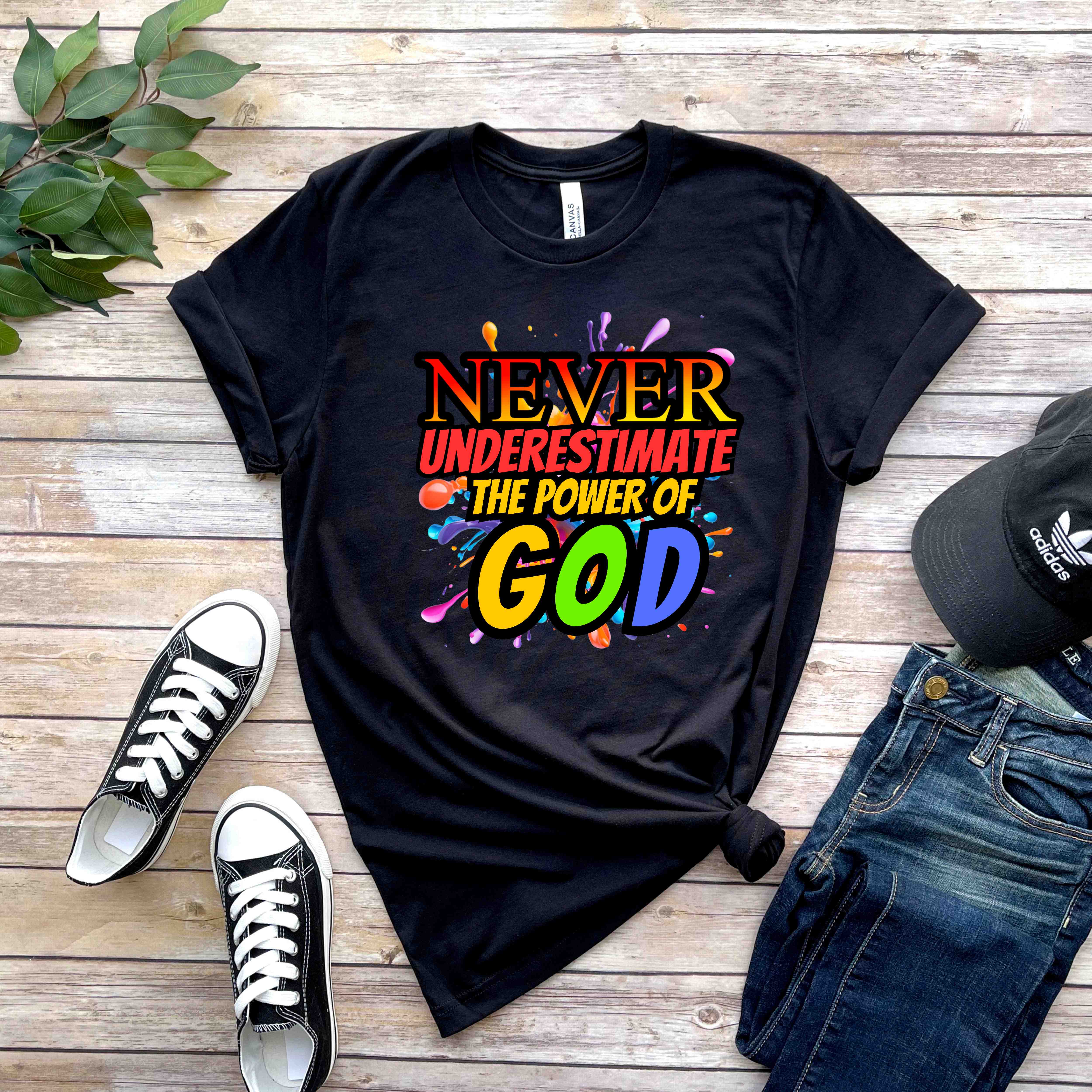 "Never Underestimate the Power of God" Christian Women’s Cotton Short Sleeve T-Shirt – Bold Faith, Inspirational Gift  product thumbnail image