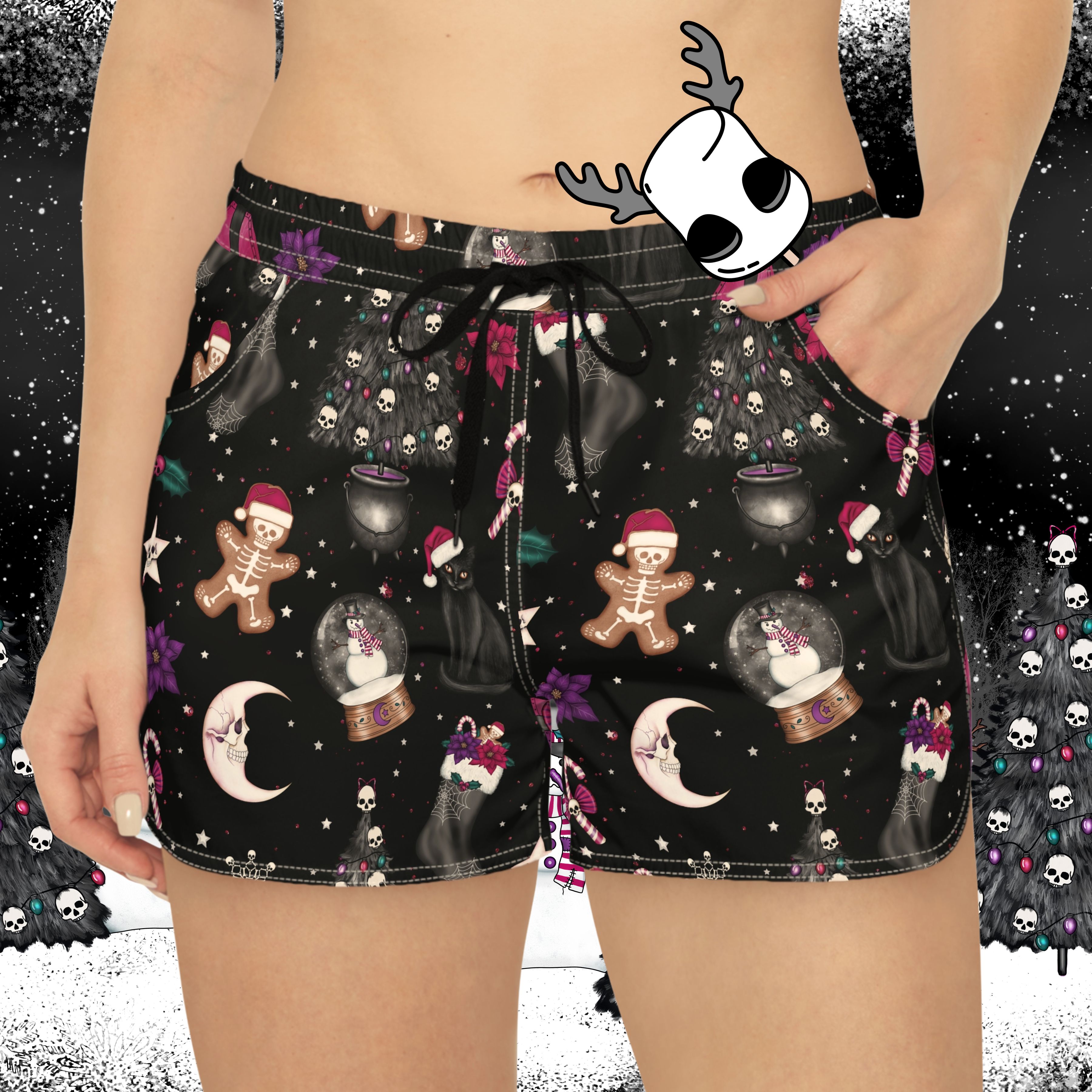 Creepy Christmas Women's Shorts, Holiday Skull Print, Festive Gothic Clothing, Spooky Xmas Lounge Wear, Horror Santa Pajama Apparel product thumbnail image