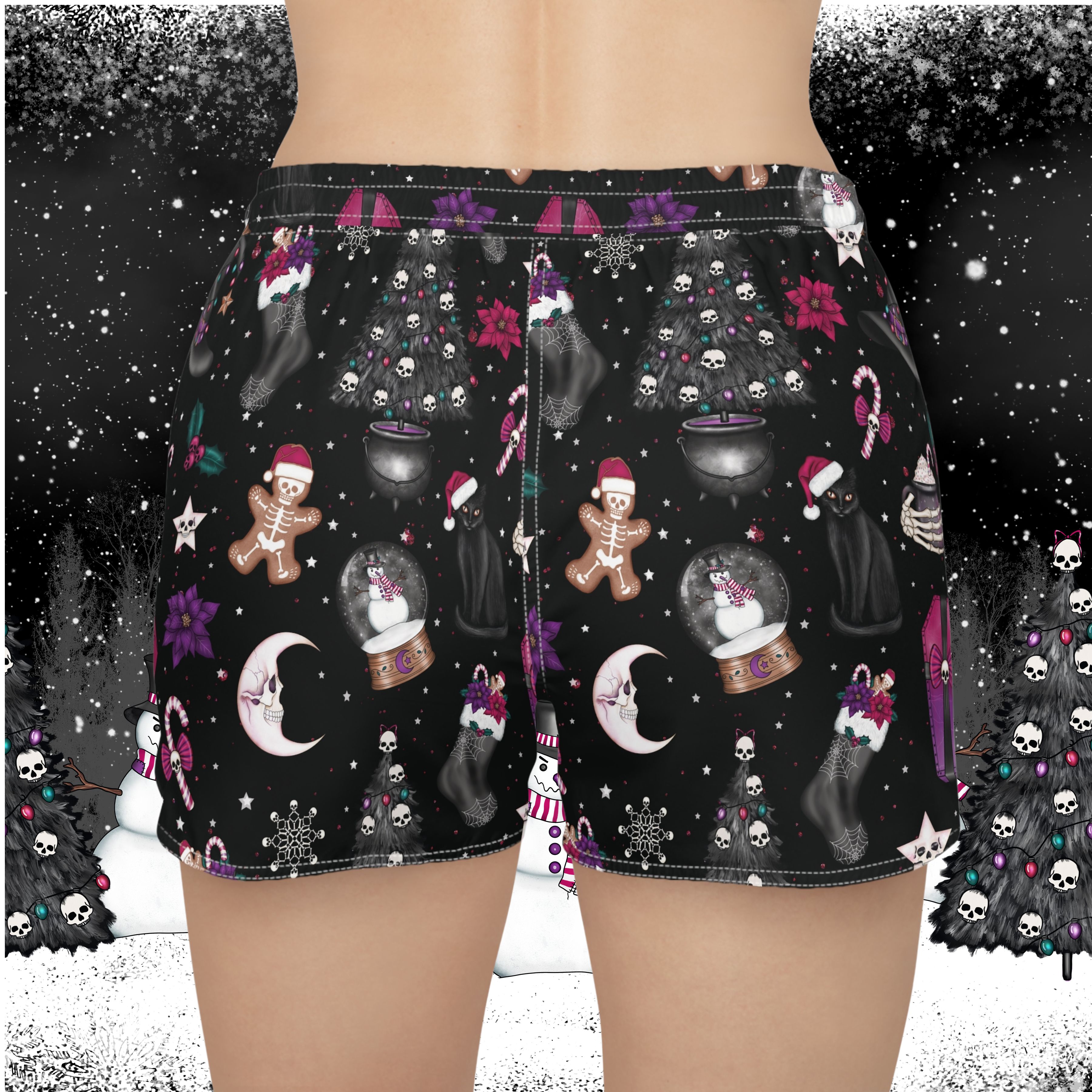 Creepy Christmas Women's Shorts, Holiday Skull Print, Festive Gothic Clothing, Spooky Xmas Lounge Wear, Horror Santa Pajama Apparel product thumbnail image