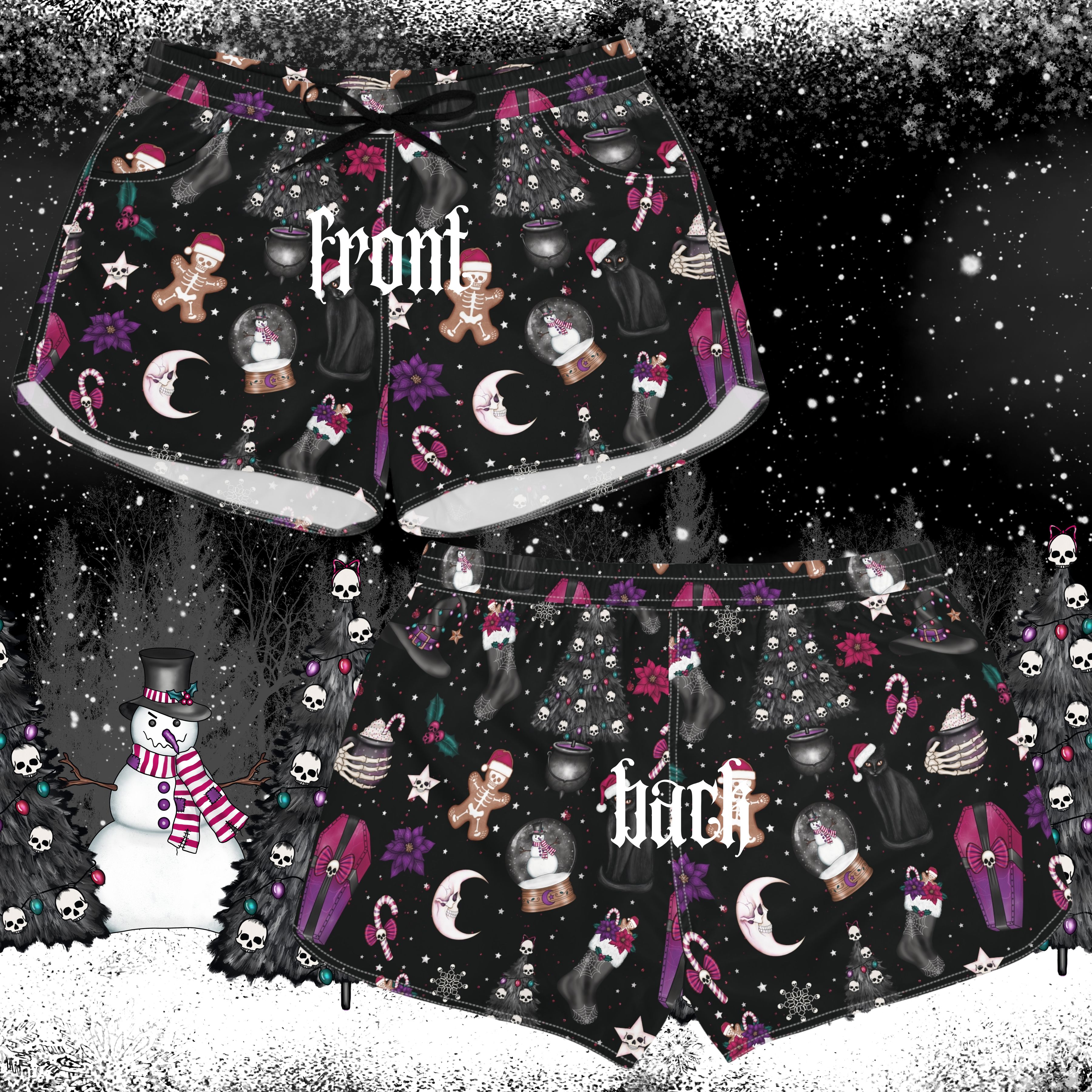 Creepy Christmas Women's Shorts, Holiday Skull Print, Festive Gothic Clothing, Spooky Xmas Lounge Wear, Horror Santa Pajama Apparel product thumbnail image