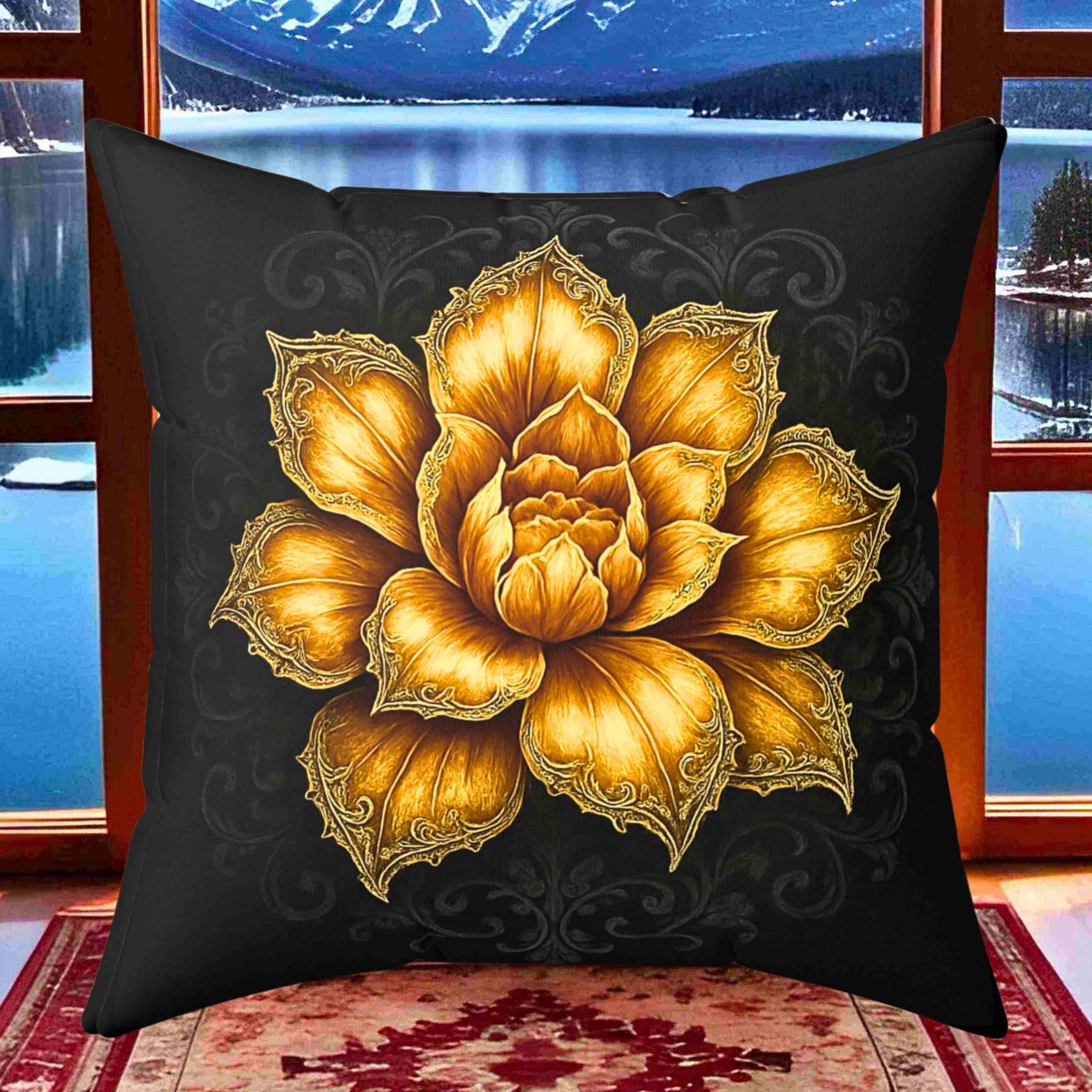 Golden Lotus Flower Pillow | Floral Decorative Throw Pillow, Botanical Home Decor product thumbnail image