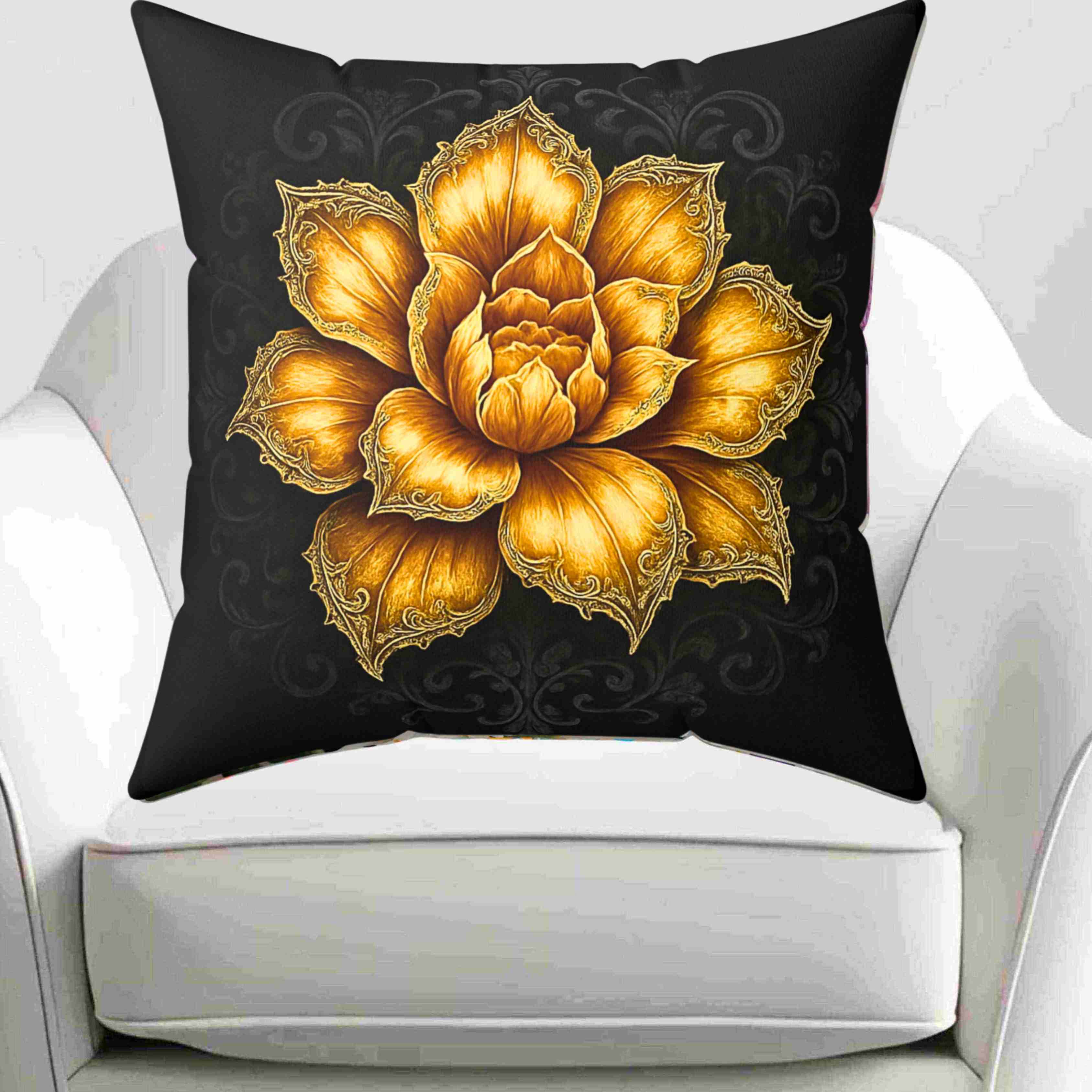 Golden Lotus Flower Pillow | Floral Decorative Throw Pillow, Botanical Home Decor product thumbnail image