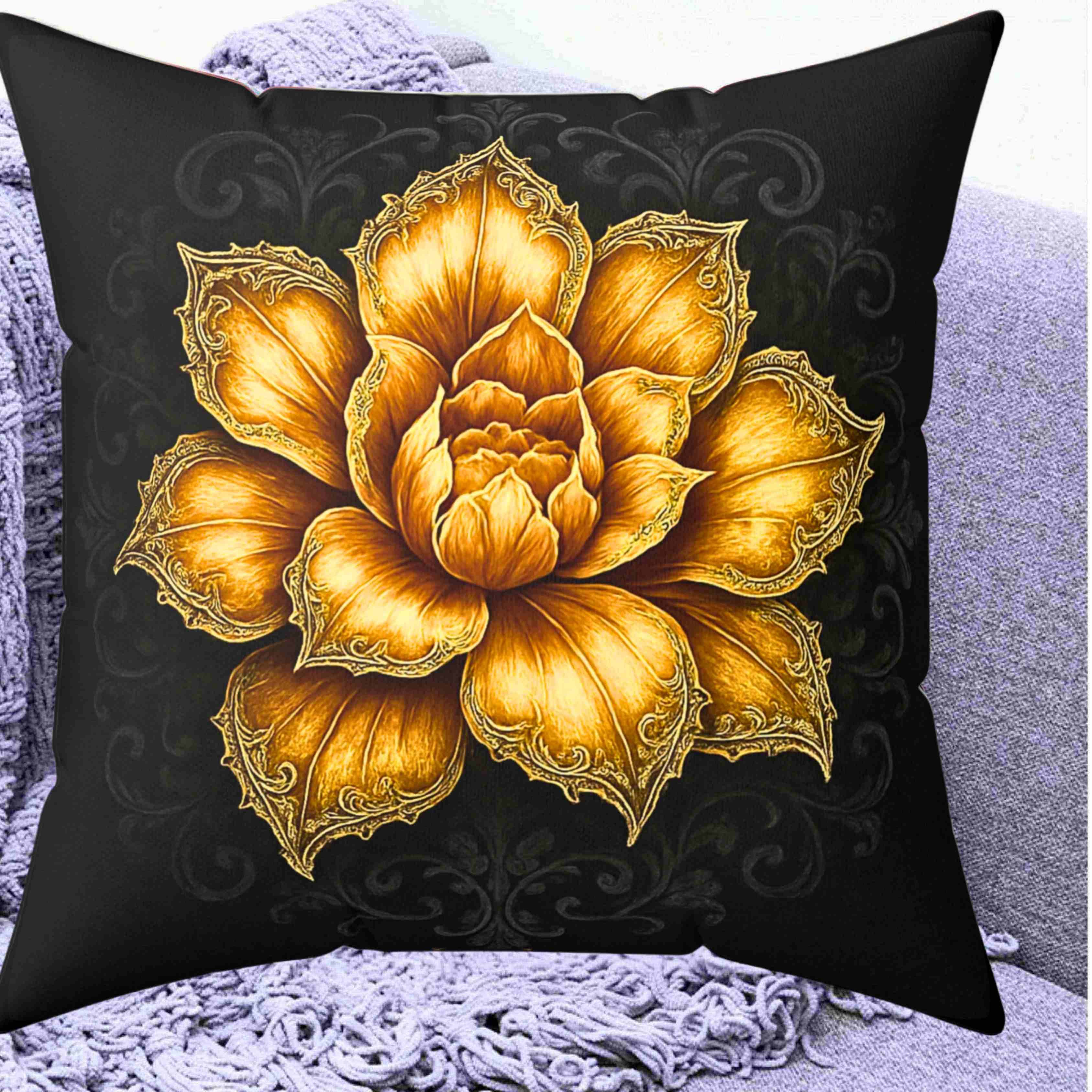 Golden Lotus Flower Pillow | Floral Decorative Throw Pillow, Botanical Home Decor product thumbnail image